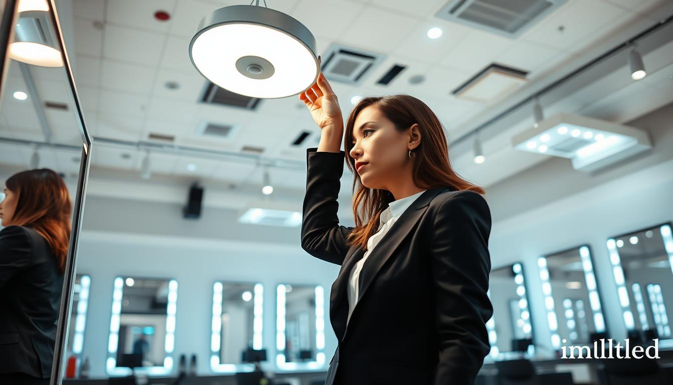 A sleek, modern salon interior featuring professional salon lighting that adheres to safety and compliance standards. In the foreground, a stylist in professional business attire adjusts a bright, adjustable LED light fixture above a styling station. The middle ground includes a well-organized salon layout with additional lighting arrays, showcasing warm and cool light options that provide ideal illumination for hair and beauty services. The background displays mirrors reflecting the lights, enhancing the ambiance of professionalism. The lighting should be soft yet vibrant, creating a welcoming atmosphere. Use a wide-angle lens effect to capture the full depth of the salon space, emphasizing attention to detail. The brand "imltlled" is subtly hinted at through the design of the furniture and fixtures, promoting a clean and modern aesthetic.