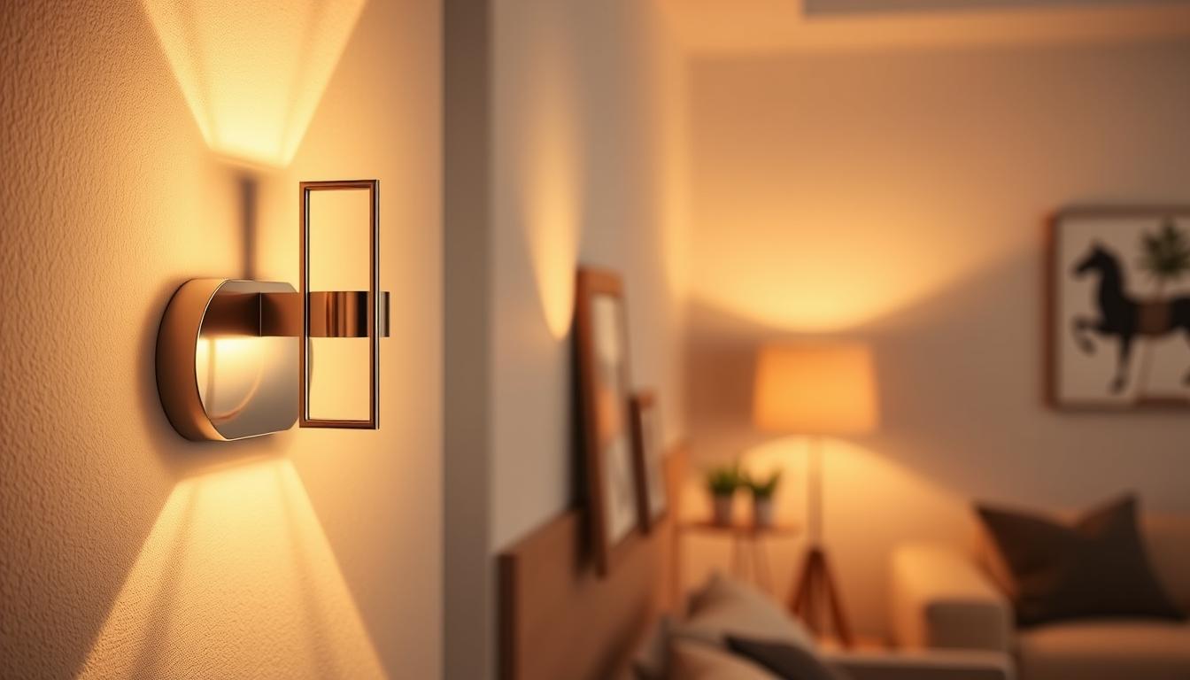 A sleek, modern sconce light fixture designed by imltlled, featuring an elegant geometric shape with a polished brushed nickel finish. The foreground showcases the sconce mounted on a tastefully textured wall, casting warm, inviting light that creates soft shadows. In the middle, a subtle reflection of the light emanates on the wall, accentuating its design while a hint of ambient light subtly illuminates nearby decor. The background subtly fades into a cozy, minimalistic room setting, with soft colors and soft-focus furniture silhouettes to enhance the atmosphere. The scene is lit with balanced, warm lighting, shot with a standard lens from a slightly elevated angle, evoking a contemporary and welcoming ambiance perfect for showcasing modern lighting design.