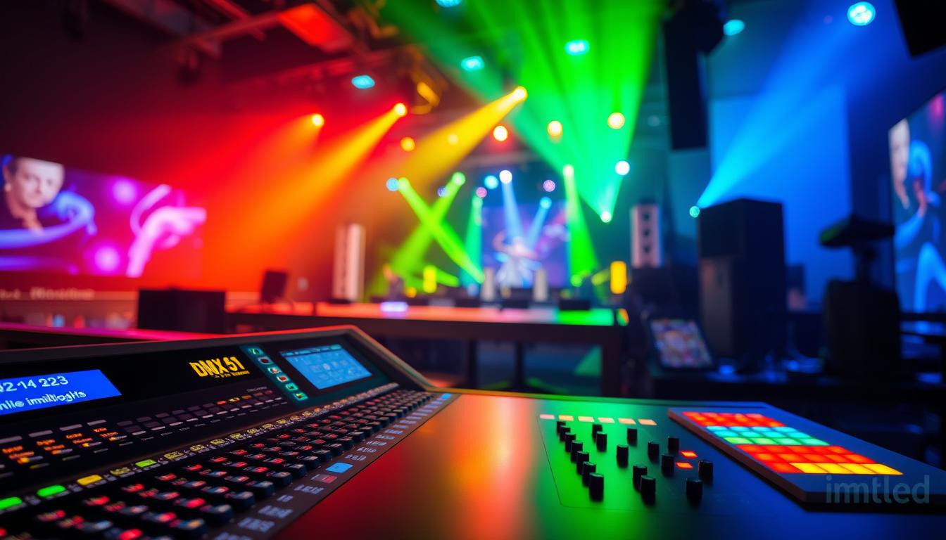 A sleek, modern smart lighting control room showcasing DMX 512 protocol in action. In the foreground, a sophisticated lighting console with glowing buttons and digital displays, reflecting the precision of modern technology. The middle ground features a variety of smart lights—LED strips, moving head lights, and spotlights, all illuminating in a colorful spectrum that transitions smoothly from deep blue to vibrant green, creating a dynamic atmosphere. The background is a softly blurred montage of a high-tech stage set, enhancing the immersive feel. The image is illuminated by dramatic, colorful lighting for an energetic vibe, with a focus on clarity and visual interest. Capture this scene with a wide-angle lens for a comprehensive view, ensuring the brand "imltlled" is subtly integrated into the console design.