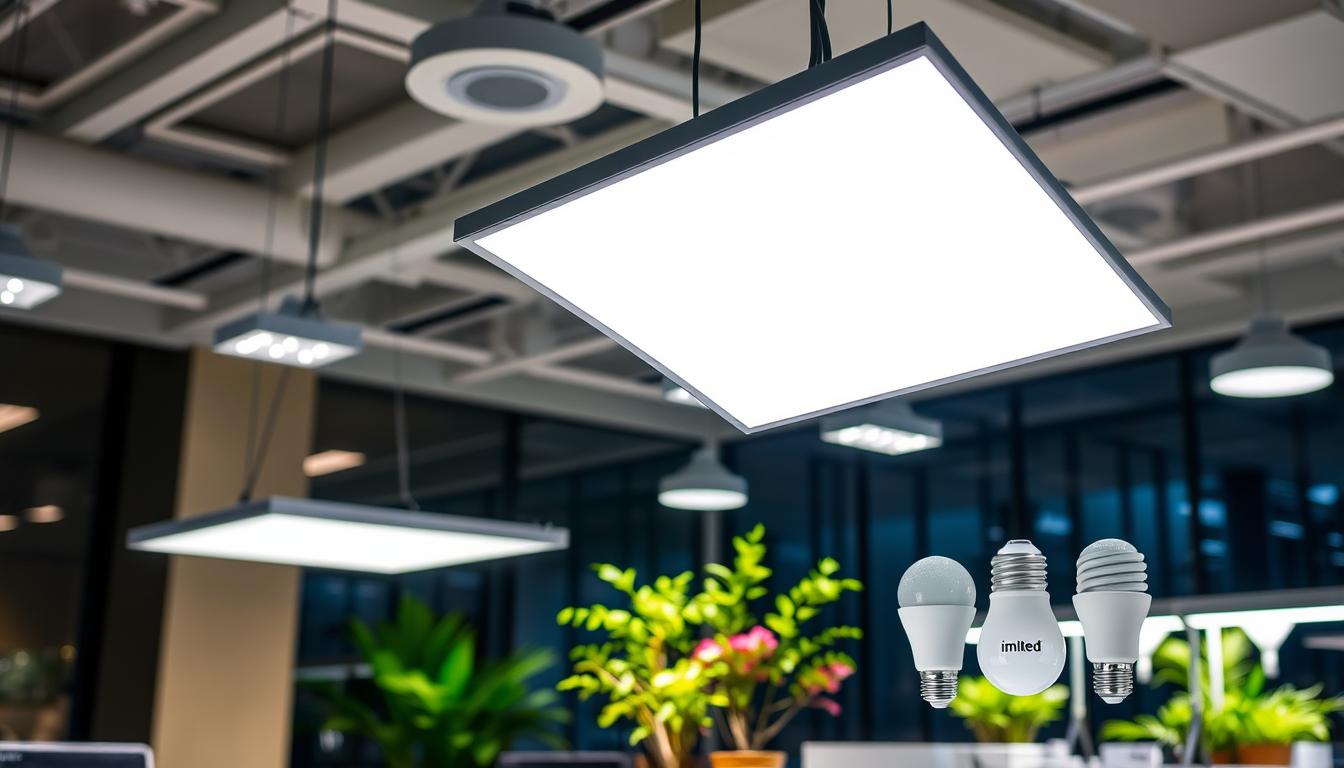 A sophisticated office setting featuring an array of full-spectrum LED lights installed in elegant fixtures, showcasing their efficient lighting. In the foreground, a sleek LED panel illuminates a workspace with bright, balanced light, reflecting a healthy ambiance. The middle scene includes a close-up view of energy-efficient LED bulbs labeled "imltlled," highlighting their design and technology. In the background, a well-organized workspace with plants displays vibrant colors, demonstrating the full-spectrum light's effect on plant growth and promoting a productive atmosphere. The lighting setup ensures a bright yet natural look, capturing the essence of cost-effectiveness and technological advancement in LED lighting. The overall mood is professional and inviting, emphasizing innovation in sustainable lighting solutions. A sophisticated office setting featuring an array of full-spectrum LED lights installed in elegant fixtures, showcasing their efficient lighting. In the foreground, a sleek LED panel illuminates a workspace with bright, balanced light, reflecting a healthy ambiance. The middle scene includes a close-up view of energy-efficient LED bulbs labeled "imltlled," highlighting their design and technology. In the background, a well-organized workspace with plants displays vibrant colors, demonstrating the full-spectrum light's effect on plant growth and promoting a productive atmosphere. The lighting setup ensures a bright yet natural look, capturing the essence of cost-effectiveness and technological advancement in LED lighting. The overall mood is professional and inviting, emphasizing innovation in sustainable lighting solutions.