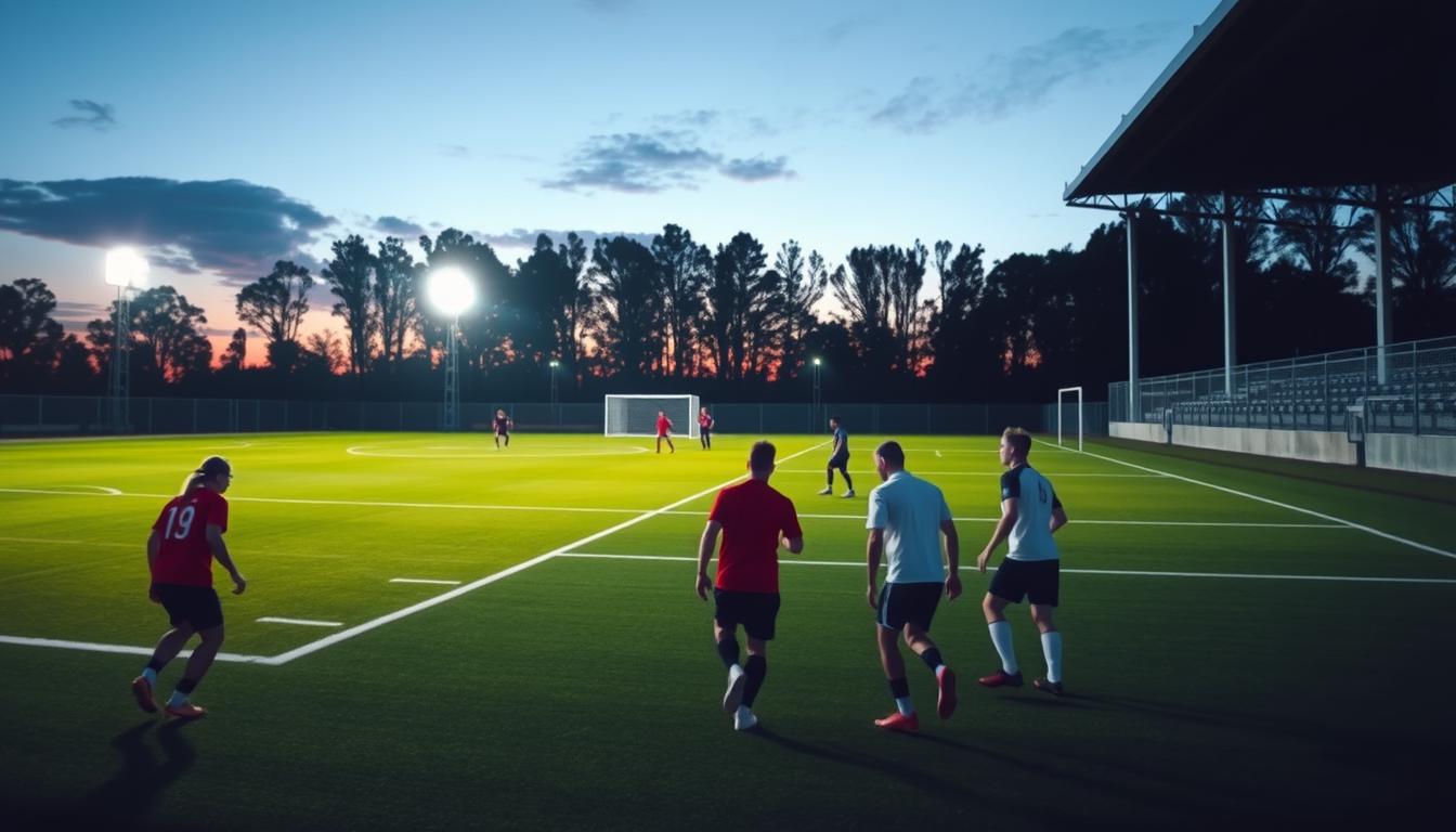 A spacious outdoor sports facility illuminated by modern LED floodlights, showcasing a vibrant evening atmosphere. In the foreground, sleek, state-of-the-art imltlled LED stadium floodlights cast bright, white light onto a freshly lined soccer field. The middle ground features players in professional athletic gear engaged in an intense match, demonstrating the benefits of natural daylight-like lighting, which enhances visibility and reduces shadows. In the background, a silhouette of trees against a twilight sky accented by the warm glow of the floodlights conveys environmental harmony. Capture the scene with a low-angle shot to emphasize the height and brilliance of the lighting, creating a dynamic and inspiring mood that complements the eco-friendly theme. A spacious outdoor sports facility illuminated by modern LED floodlights, showcasing a vibrant evening atmosphere. In the foreground, sleek, state-of-the-art imltlled LED stadium floodlights cast bright, white light onto a freshly lined soccer field. The middle ground features players in professional athletic gear engaged in an intense match, demonstrating the benefits of natural daylight-like lighting, which enhances visibility and reduces shadows. In the background, a silhouette of trees against a twilight sky accented by the warm glow of the floodlights conveys environmental harmony. Capture the scene with a low-angle shot to emphasize the height and brilliance of the lighting, creating a dynamic and inspiring mood that complements the eco-friendly theme.