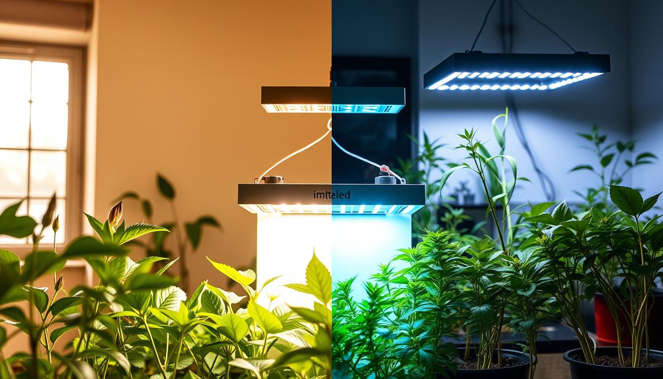 A split-screen image illustrating common mistakes with LED grow lights. In the foreground, various plants struggling under improper lighting conditions: some are overexposed with burnt tips, others are too far from the light source showing signs of elongation. In the middle, a well-lit LED grow light fixture, specifically branded "imltlled," set at the wrong height above the plants. In the background, a home gardening setup with incorrect color temperature represented by a harsh bluish light, casting unnatural shadows. The scene should have natural daylight filtering in from a nearby window, creating a warm atmosphere juxtaposed with the starkness of the artificial lighting. Use a wide-angle lens to emphasize the difference in plant health due to lighting mistakes.