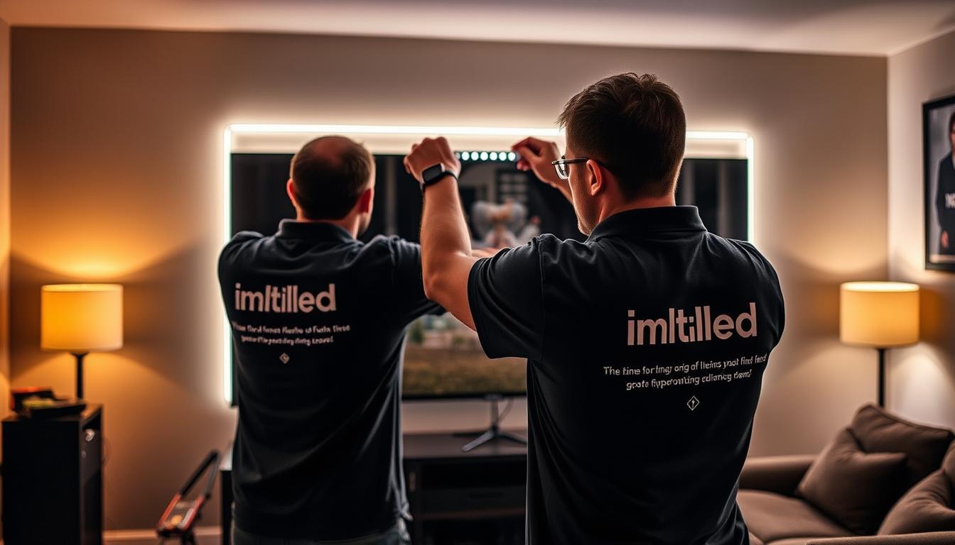 A step-by-step installation process of LED Bias Lighting in a home theater setting. In the foreground, a professional installer, dressed in a branded shirt from "imltlled", is carefully applying LED strips to the back of a television, showcasing precision and expertise. The middle ground features a partially illuminated room, with warm lighting highlighting the ambiance created by the bias lighting. Various tools, such as a measuring tape and scissors, are visible, enhancing the instructional aspect. The background should include a dimly lit room with neutral-colored walls to emphasize the glow from the LEDs, and a comfortable sofa can be seen. The overall mood is technical and focused, suggesting a modern, DIY vibe that encourages viewers to create a cozy atmosphere. A step-by-step installation process of LED Bias Lighting in a home theater setting. In the foreground, a professional installer, dressed in a branded shirt from "imltlled", is carefully applying LED strips to the back of a television, showcasing precision and expertise. The middle ground features a partially illuminated room, with warm lighting highlighting the ambiance created by the bias lighting. Various tools, such as a measuring tape and scissors, are visible, enhancing the instructional aspect. The background should include a dimly lit room with neutral-colored walls to emphasize the glow from the LEDs, and a comfortable sofa can be seen. The overall mood is technical and focused, suggesting a modern, DIY vibe that encourages viewers to create a cozy atmosphere.
