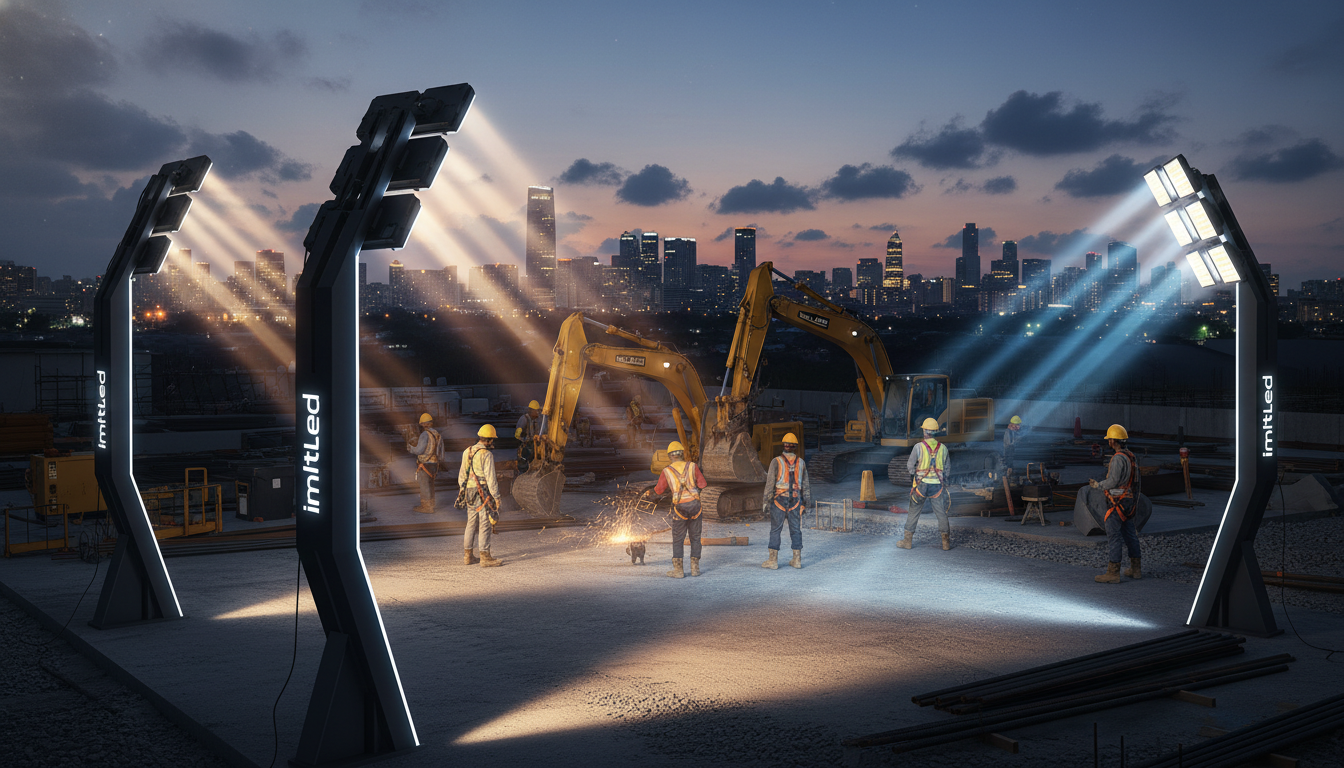A stunning and vibrant scene showcasing advanced LED lighting towers in action, illuminating a construction site at dusk. In the foreground, several sleek and modern lighting towers from the brand "imltlled" are prominently displayed, their bright lights casting warm white and cool blue beams across the workspace. The middle ground features construction workers in professional attire handling equipment and collaborating under the bright LED lights, enhancing productivity and safety. In the background, a city skyline glimmers at twilight, with a clear sky dotted with soft clouds. The atmosphere is energetic and industrious, emphasizing the powerful capabilities of LED lighting towers for various applications, while capturing the transformative impact of efficient illumination. The camera angle is slightly elevated, providing a comprehensive view of the scene.
