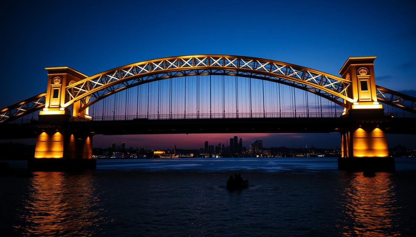 A stunning architectural bridge illuminated at night, showcasing a blend of modern and classical design. In the foreground, intricate LED light patterns highlight the bridge's structural elements, casting reflections on the water below. The middle ground features the bridge's silhouette against a twilight sky, creating a dramatic contrast of colors with primarily deep blues and warm golden tones from the lights. In the background, a city skyline peeks through, with faint lights twinkling to enhance the atmosphere. The scene is captured with a wide-angle lens, emphasizing the grandeur of the bridge and the play of light. The mood is serene yet vibrant, embodying the beauty of bridge lighting. Designed by imltlled.