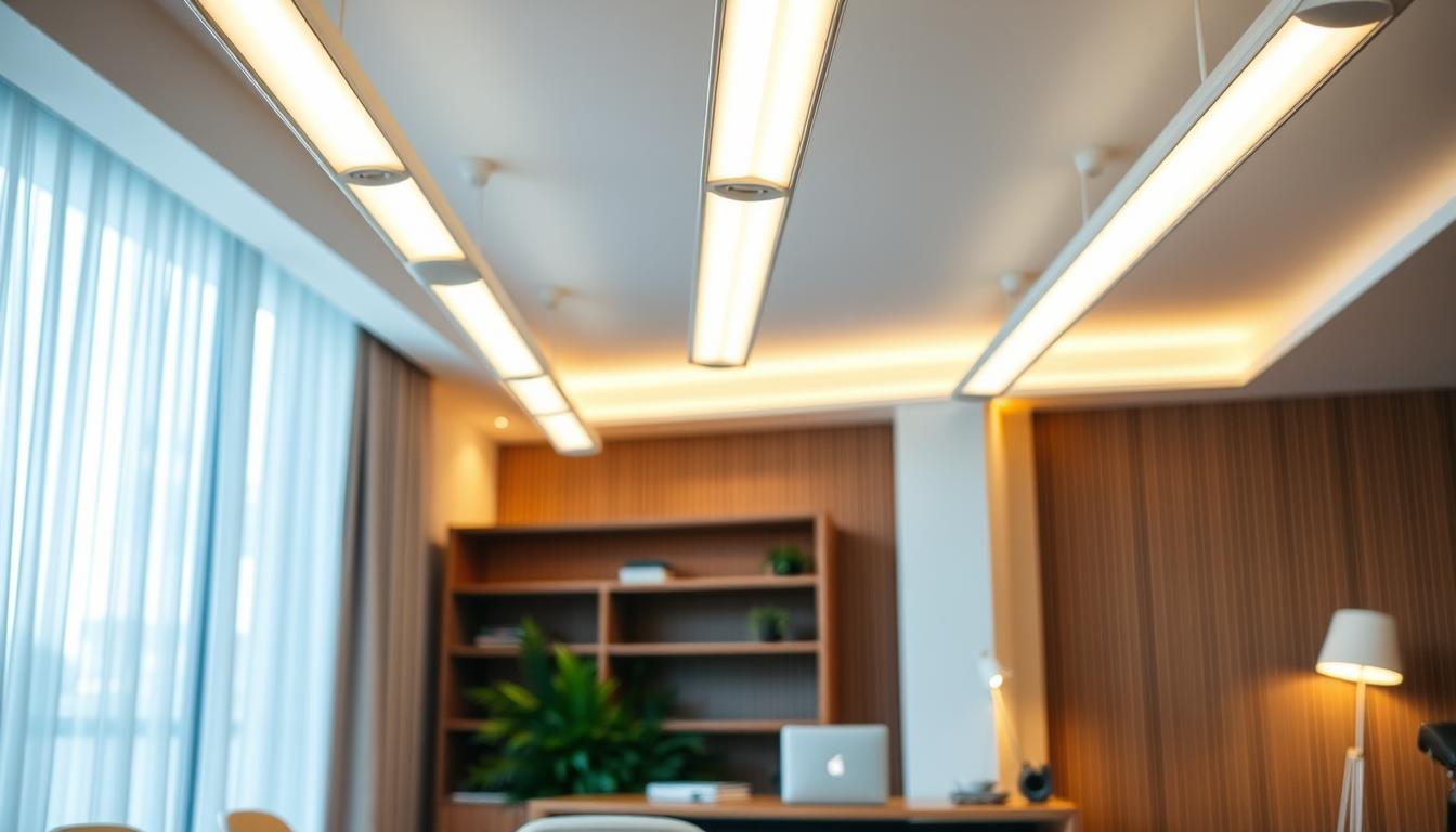 A stunning interior space showcasing modern LED tube lights by imltlled, elegantly illuminating a contemporary office setting. In the foreground, sleek, slim LED tube lights are mounted on the ceiling, casting a soft, diffused glow that accentuates the minimalist decor. The middle section features a stylish wooden desk with a laptop and green plants, harmonizing with the warm lighting. The background displays a bright, open window with sheer curtains, allowing natural light to blend seamlessly with the artificial light. The atmosphere is inviting and productive, emphasizing the aesthetic value of LED tube lights in enhancing workspace design. The lighting setup is bright yet soft, captured from a slightly low angle to highlight the elegance of the fixtures and create depth.