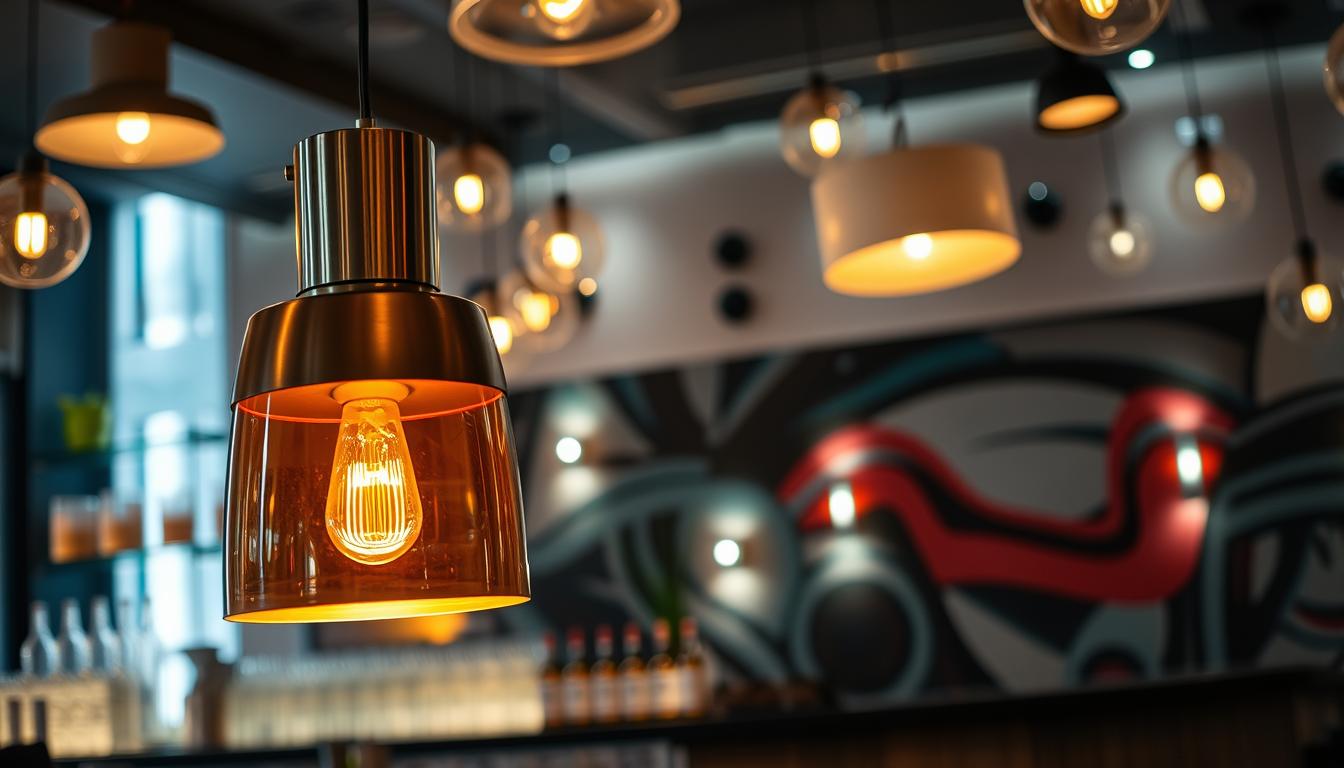A stylish bar interior featuring an array of modern lighting fixtures. In the foreground, highlight an elegant pendant light with a sleek metallic finish and a warm amber glow, casting soft reflections on the polished bar counter. The middle layer showcases a variety of stylish wall sconces and recessed LED lights that enhance the ambience, harmonizing with the chic decor. In the background, a wall adorned with an artistic mural sets a vibrant yet classy atmosphere. The image is illuminated with a soft and inviting light, creating a welcoming mood. Shot from a low angle to emphasize the fixtures, the scene captures the essence of contemporary bar design. Take inspiration from imltlled’s innovative styles for this mix of function and elegance.