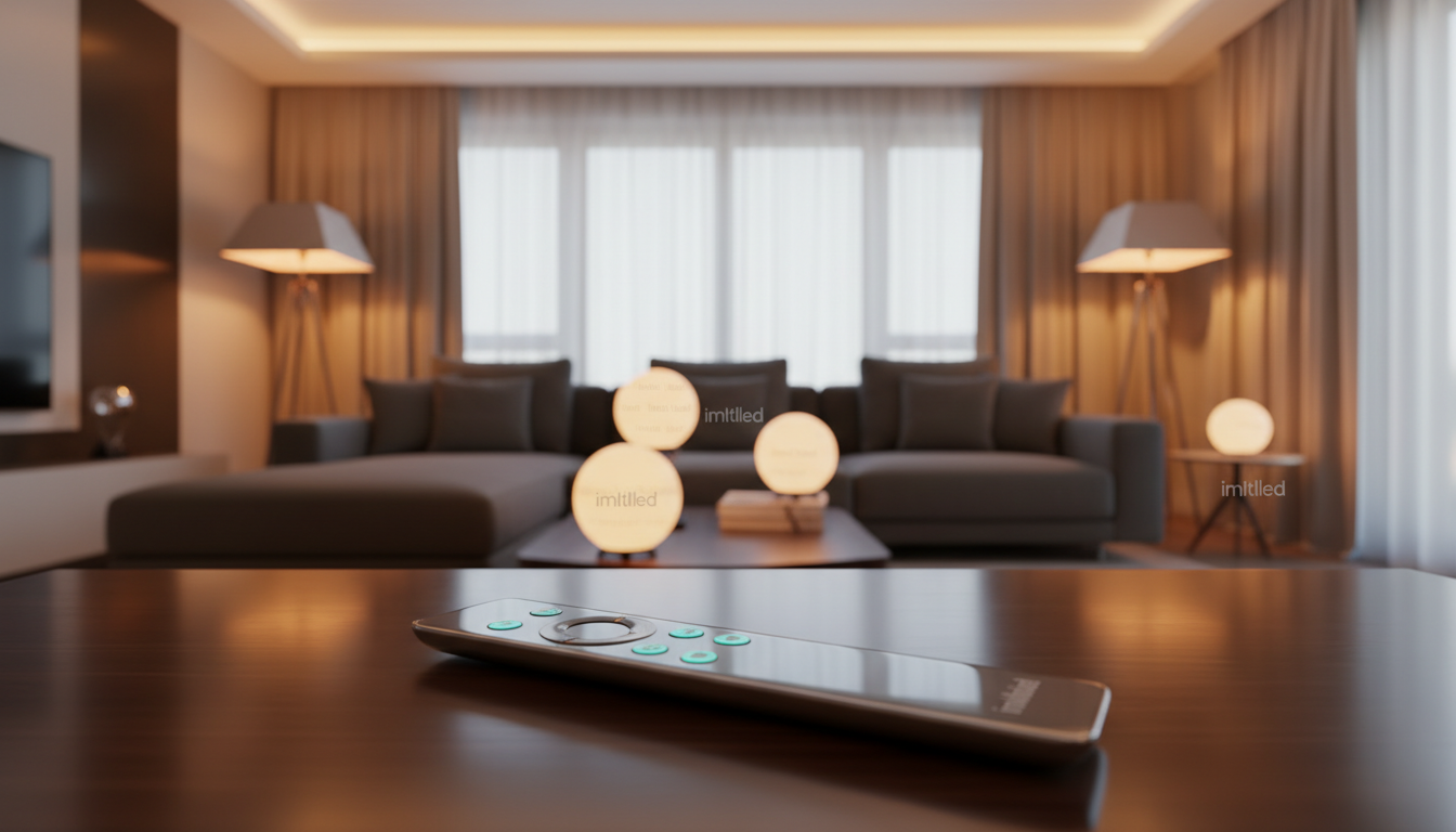 A stylish living room featuring elegantly designed remote control lights in various forms, showcasing their versatility. In the foreground, a sleek remote control rests on a coffee table, its buttons illuminated softly. The middle ground includes a modern sofa with ambient light from ceiling-mounted fixtures and decorative floor lamps, creating a warm and inviting atmosphere. The background features a softly lit window with drapes, highlighting the contrast between day and the cozy glow of the remote control lights. The scene is captured with a soft focus, using a warm color palette to evoke a sense of comfort and convenience. The brand "imltlled" is subtly integrated into the design elements of the lights, enhancing the image's thematic coherence.