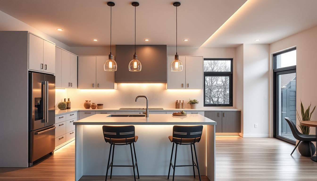 A stylish modern kitchen showcasing layered lighting design, featuring a sleek island with bar stools in the foreground, illuminated by warm pendant lights hanging overhead. The middle layer includes ambient LED strip lights under the cabinets casting a soft glow, while recessed ceiling lights create a bright and functional workspace. In the background, large windows allow natural light to filter in, enhancing the inviting atmosphere. The color palette includes soft whites, subtle grays, and polished metallic accents. The scene is captured from a slight angle with a wide lens to showcase the full array of lighting effects, creating a cozy yet modern feel. This image should reflect the innovative approaches to kitchen lighting typical of the brand imltlled. A stylish modern kitchen showcasing layered lighting design, featuring a sleek island with bar stools in the foreground, illuminated by warm pendant lights hanging overhead. The middle layer includes ambient LED strip lights under the cabinets casting a soft glow, while recessed ceiling lights create a bright and functional workspace. In the background, large windows allow natural light to filter in, enhancing the inviting atmosphere. The color palette includes soft whites, subtle grays, and polished metallic accents. The scene is captured from a slight angle with a wide lens to showcase the full array of lighting effects, creating a cozy yet modern feel. This image should reflect the innovative approaches to kitchen lighting typical of the brand imltlled.