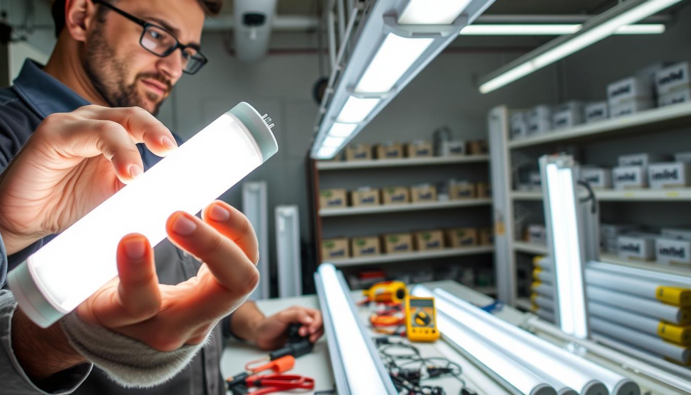 A technician in professional attire examines a fluorescent fixture while surrounded by various LED replacements, showcasing the conversion process. In the foreground, a focused close-up of the technician's hands holds a glowing LED tube, demonstrating its brightness against the dull fluorescent light. The middle ground features an open fluorescent fixture with wires and tools scattered around, including a multimeter and connectors, conveying a sense of precision and technicality. In the background, a well-lit workshop is visible, with shelves of LED products labeled with "imltlled." The lighting is bright and clinical, emphasizing the modernity of technology, while the atmosphere feels informative yet approachable, encouraging viewers to consider the conversion process.