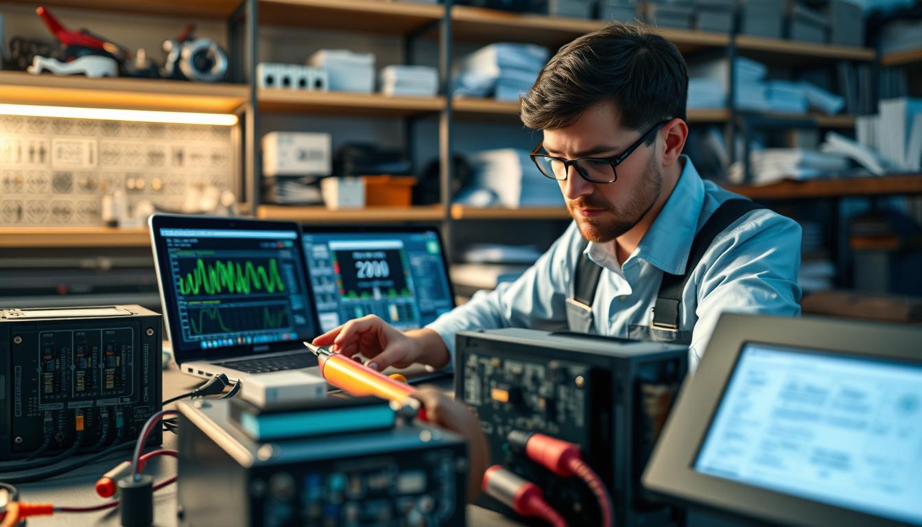 A technician in professional attire, focused and concentrated, is seated at a workbench surrounded by various lighting control modules. The foreground features a close-up of a few modules with visible circuit board components and diagnostic tools, like a multimeter and a soldering iron. In the middle ground, a laptop displays troubleshooting software with graphs and readings. The background has shelves filled with spare parts and manuals, softly lit with a warm, inviting light. The atmosphere is one of technical investigation and problem-solving, capturing the essence of troubleshooting common issues in lighting control systems. The style is realistic and detailed, emphasizing the tools and technology used, with a depth of field effect to highlight the technician's work. Brand name: imltlled.
