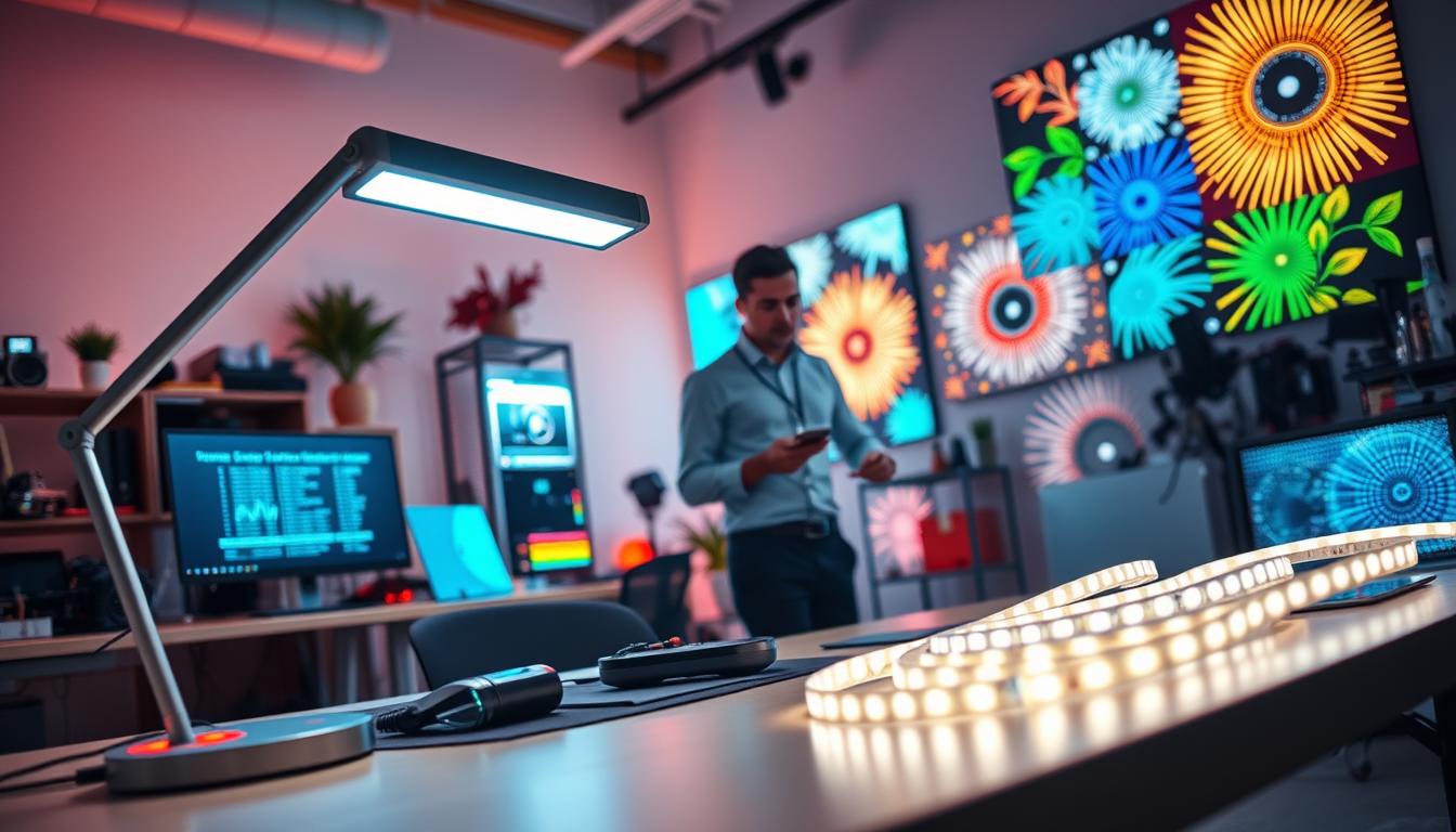 A vibrant and modern workspace showcasing innovative LED technology. In the foreground, a sleek LED desk lamp with dynamic light settings shines softly, illuminating a futuristic workstation filled with digital gadgets and prototypes. In the middle ground, an engineer in professional attire examines a glowing LED strip light that outlines a dazzling design project, highlighting the versatility of modern lighting solutions. The background features a wall adorned with colorful LED panels displaying patterns and effects, creating an inspiring atmosphere. Soft, diffused lighting casts a warm glow throughout the scene, emphasizing the technological advancement while maintaining a feeling of creativity and innovation. Include the brand name "imltlled" subtly integrated into the LED designs.