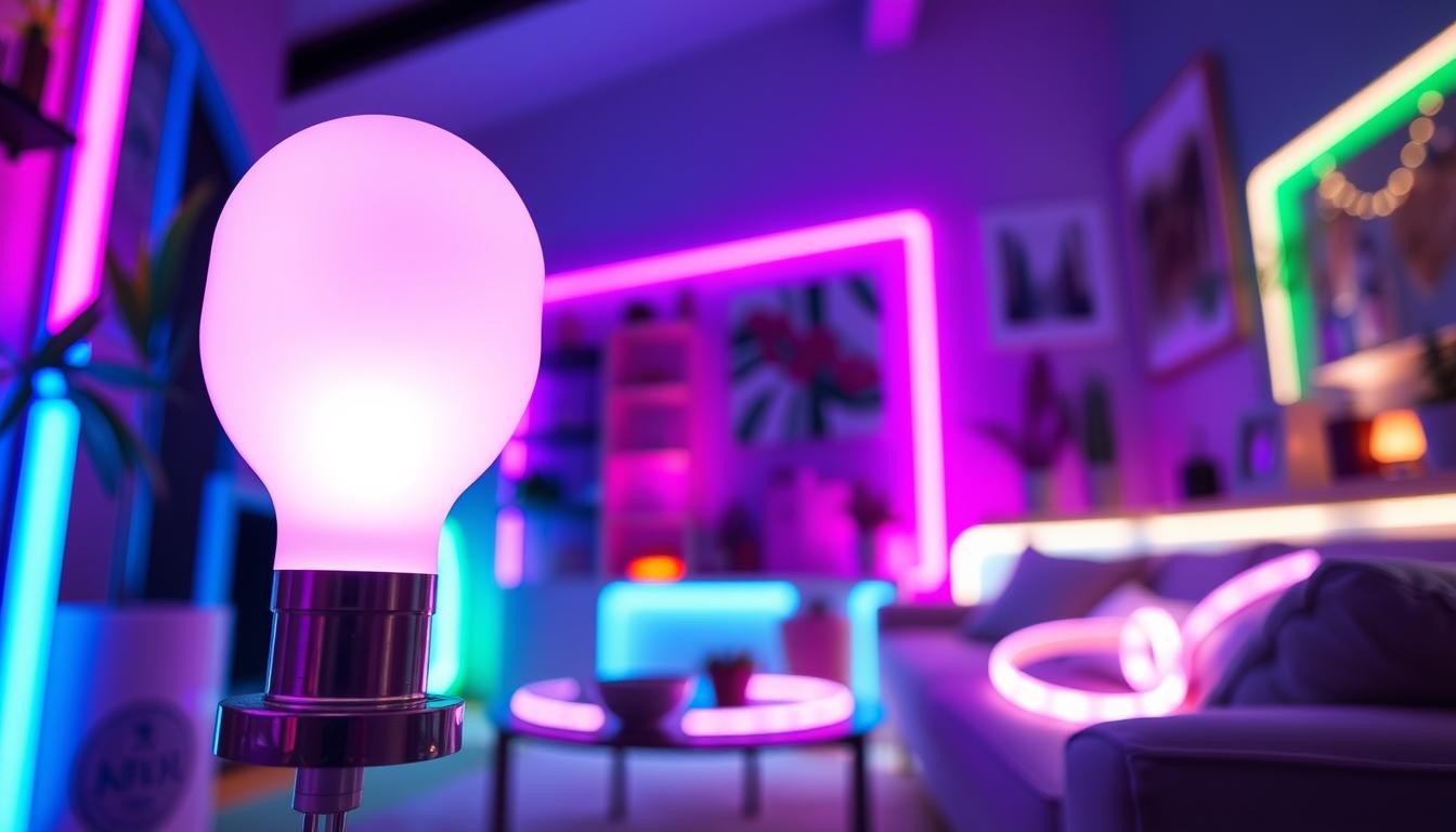 A vibrant display of LED neon lights illuminating a cozy indoor space. In the foreground, a sleek, modern silicone LED diffuser radiates soft hues of pink, blue, and green, casting a warm glow. The middle ground features various LED strip lights creatively arranged along the edges of furniture and walls, forming intricate patterns that enhance the ambience. In the background, soft-focus decorative elements like plants and artwork are subtly lit by the neon lights, creating an inviting atmosphere. The scene is captured with a wide-angle lens, emphasizing the spaciousness and colorful interplay of light. The mood is energetic yet soothing, perfect for inspiring creativity. Brand: imltlled.