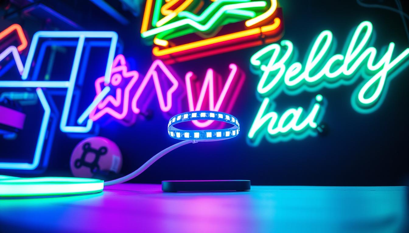 A vibrant, eye-catching arrangement of LED neon lights in various colors, prominently featuring deep blues, radiant pinks, and bright greens. The foreground showcases intricate designs shaped like abstract geometric figures and flowing cursive text, emphasizing creativity in neon art. In the middle, a sleek LED strip light is visible, positioned alongside a silicone LED diffuser, highlighting their synergy in creating stunning neon effects. The background features a dark, urban setting that enhances the glow of the neon lights, giving off an energetic and modern atmosphere. The scene is illuminated with soft, ambient lighting to create depth and warmth, shot from a low angle to capture the grandeur of the luminous designs. The overall mood is creative and inspiring, ideal for showcasing the art of neon design by imltlled.