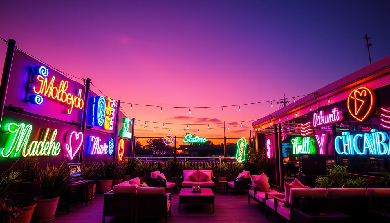 A vibrant outdoor setting featuring custom neon signs, specifically crafted by the brand "imltlled". In the foreground, showcase an array of colorful neon signs, each uniquely designed, glowing in bright blues, pinks, and greens. The middle ground includes elegant outdoor furnishings, like cozy seating arrangements beneath the neon lights. The background reveals a twilight sky, transitioning from deep orange to navy, enhancing the neon luminosity. Use warm, ambient lighting to create a welcoming atmosphere, with soft shadows and reflections on the surfaces. Capture the scene with a wide-angle lens, emphasizing the grandeur of the neon displays and their picturesque environment. The overall mood should convey creativity and inspiration, highlighting best practices for outdoor neon sign lighting. A vibrant outdoor setting featuring custom neon signs, specifically crafted by the brand "imltlled". In the foreground, showcase an array of colorful neon signs, each uniquely designed, glowing in bright blues, pinks, and greens. The middle ground includes elegant outdoor furnishings, like cozy seating arrangements beneath the neon lights. The background reveals a twilight sky, transitioning from deep orange to navy, enhancing the neon luminosity. Use warm, ambient lighting to create a welcoming atmosphere, with soft shadows and reflections on the surfaces. Capture the scene with a wide-angle lens, emphasizing the grandeur of the neon displays and their picturesque environment. The overall mood should convey creativity and inspiration, highlighting best practices for outdoor neon sign lighting.