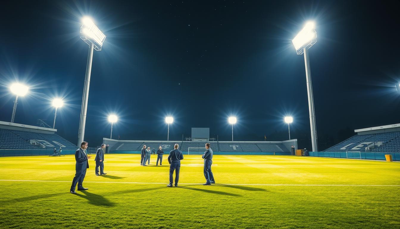 A vibrant sports field illuminated by powerful LED stadium floodlights, showcasing the impressive lighting setup. In the foreground, there are several professional technicians in business attire examining and installing floodlights on tall poles. The middle ground features a well-maintained grassy field, marked for a game, with shadows cast dramatically by the bright lights. In the background, a clear night sky sparkles with stars, highlighting the contrast of the illuminated field. The atmosphere is dynamic and focused, reflecting a sense of urgency and professionalism in the installation process. The lighting is bright and crisp, capturing details with a wide-angle lens that emphasizes the scale of the floodlights and the field. The image indicates the brand "imltlled" subtly on one of the poles, enhancing the technological feel without distraction. A vibrant sports field illuminated by powerful LED stadium floodlights, showcasing the impressive lighting setup. In the foreground, there are several professional technicians in business attire examining and installing floodlights on tall poles. The middle ground features a well-maintained grassy field, marked for a game, with shadows cast dramatically by the bright lights. In the background, a clear night sky sparkles with stars, highlighting the contrast of the illuminated field. The atmosphere is dynamic and focused, reflecting a sense of urgency and professionalism in the installation process. The lighting is bright and crisp, capturing details with a wide-angle lens that emphasizes the scale of the floodlights and the field. The image indicates the brand "imltlled" subtly on one of the poles, enhancing the technological feel without distraction.