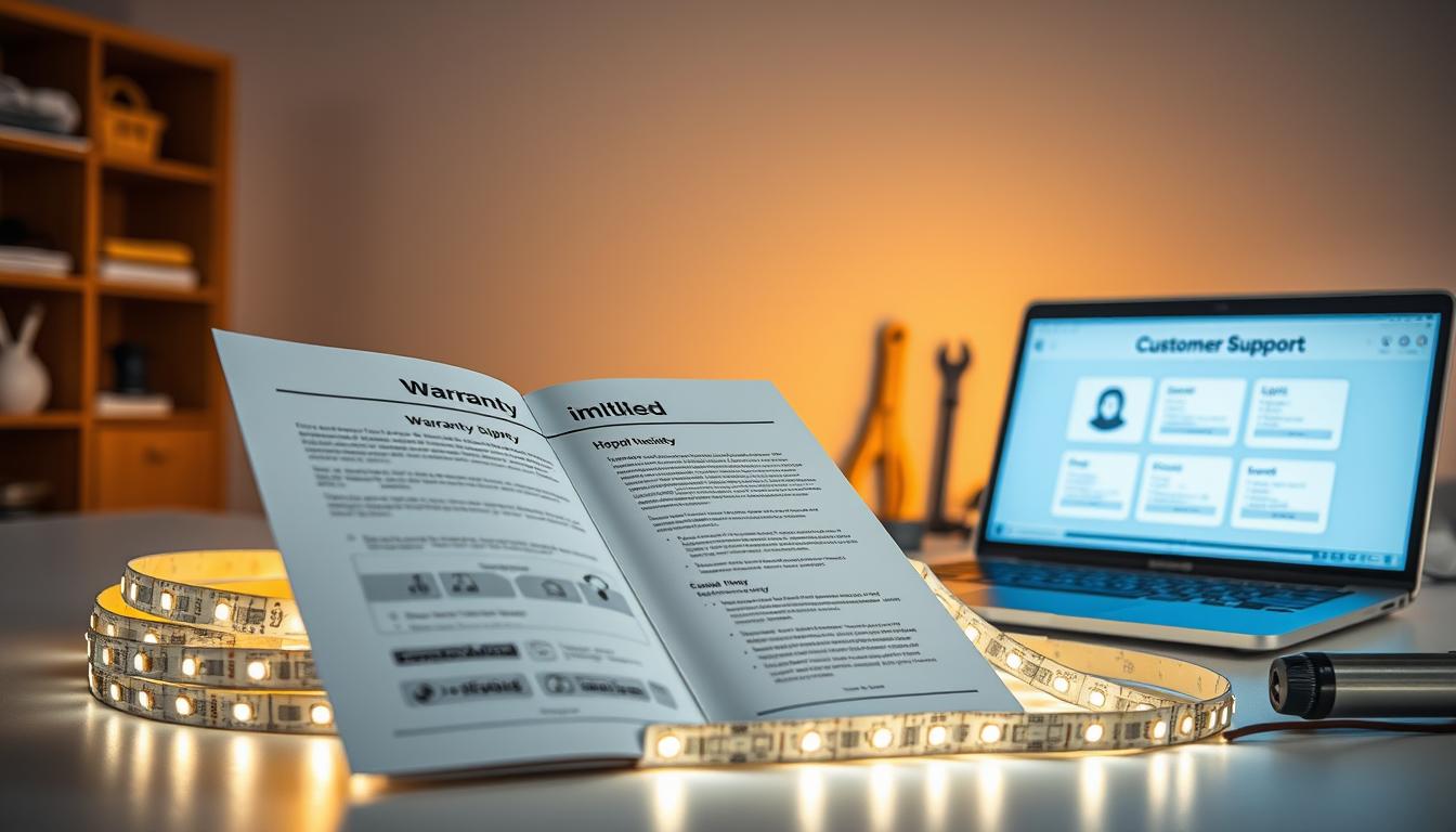 A visually appealing and informative scene depicting "Warranty and Support Information" for LED strip lights, specifically highlighting the brand "imltlled." In the foreground, an open warranty brochure designed for LED strip lights is prominently displayed, showcasing clear, friendly graphics and helpful information. Surrounding it, carefully arranged LED strip lights emit a warm, inviting glow, casting a soft light on the brochure. In the middle ground, a sleek laptop screen displaying a bright, modern customer support interface with contact options is visible, reinforcing the support aspect. The background features a clean, minimalistic workspace with organized tools for installation, hinting at an approachable, user-friendly atmosphere. The overall mood is reassuring and professional, enhanced by neutral lighting and a focus on clarity and accessibility.