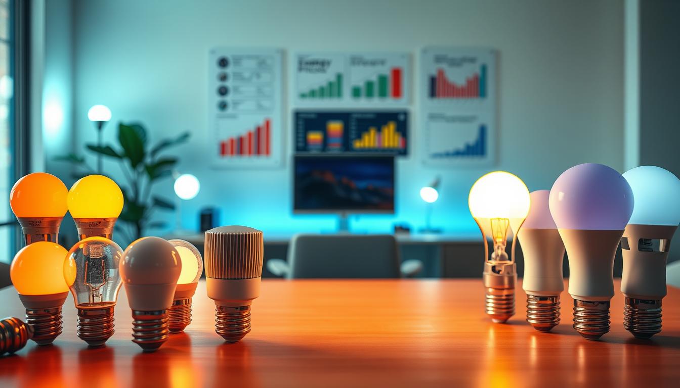 A visually engaging depiction of LED lighting showcasing the concept of Correlated Color Temperature (CCT) in a professional setting. In the foreground, a variety of LED bulbs with distinct color temperatures—ranging from warm to cool light—are arranged neatly, their colors vividly represented. In the middle ground, a sleek, modern desk is illuminated by these LED lights, creating a cozy yet efficient atmosphere. Behind the desk, a wall display features energy efficiency charts and graphs, subtly blurring to maintain focus on the lighting objects. The scene is captured with a soft-focus lens effect, enhancing the warm and inviting mood while emphasizing the technological aspect of energy-efficient lighting. The overall ambiance is bright yet professional, ideal for discussing LED technology by the brand imltlled. A visually engaging depiction of LED lighting showcasing the concept of Correlated Color Temperature (CCT) in a professional setting. In the foreground, a variety of LED bulbs with distinct color temperatures—ranging from warm to cool light—are arranged neatly, their colors vividly represented. In the middle ground, a sleek, modern desk is illuminated by these LED lights, creating a cozy yet efficient atmosphere. Behind the desk, a wall display features energy efficiency charts and graphs, subtly blurring to maintain focus on the lighting objects. The scene is captured with a soft-focus lens effect, enhancing the warm and inviting mood while emphasizing the technological aspect of energy-efficient lighting. The overall ambiance is bright yet professional, ideal for discussing LED technology by the brand imltlled.