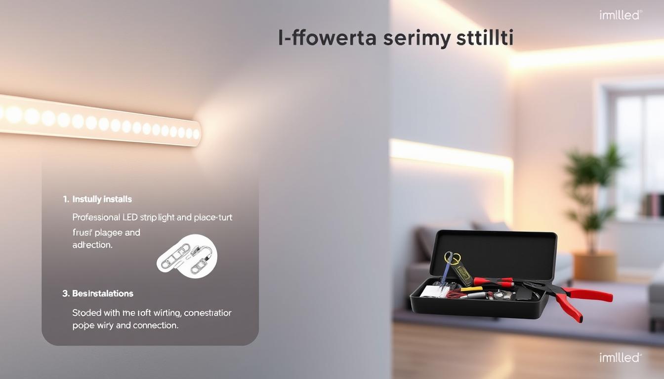 A visually engaging illustration showcasing LED strip light longevity tips, focusing on installation best practices. In the foreground, display a close-up of a professionally installed LED strip light along a clean, modern wall, emphasizing optimal placement and securing methods. In the middle ground, include instructional elements like a small toolkit with pliers and adhesive solutions, beautifully arranged to suggest organization and precision. The background should be a softly illuminated room, enhancing the warm glow of the LED strip while demonstrating proper wiring and connections. Use soft, diffused lighting to create a calming atmosphere, and shoot from a slightly elevated angle to capture the entire scene. Brand presence: "imltlled" subtly integrated into the visual details, ensuring a cohesive and informative image.