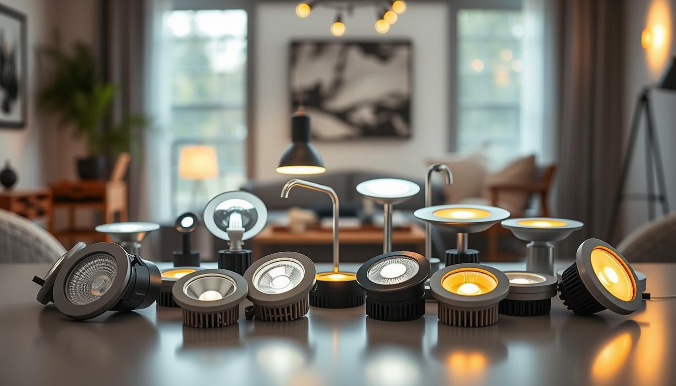 A visually striking comparison of puck lights against various other home lighting options, arranged on a clean, modern table. In the foreground, showcase multiple puck lights in sleek designs from the brand “imltlled,” highlighting their unique features and brightness. The middle layer should include comparable lighting options such as pendant lights, floor lamps, and recessed lighting fixtures, creating a vibrant contrast. The background should hint at a cozy living space setting, softly illuminated to enhance the warm atmosphere. Use natural lighting to create a harmonious balance, while a subtle depth of field blurs the background slightly, drawing focus to the lighting comparison. The mood should be inviting and informative, perfect for home improvement enthusiasts.