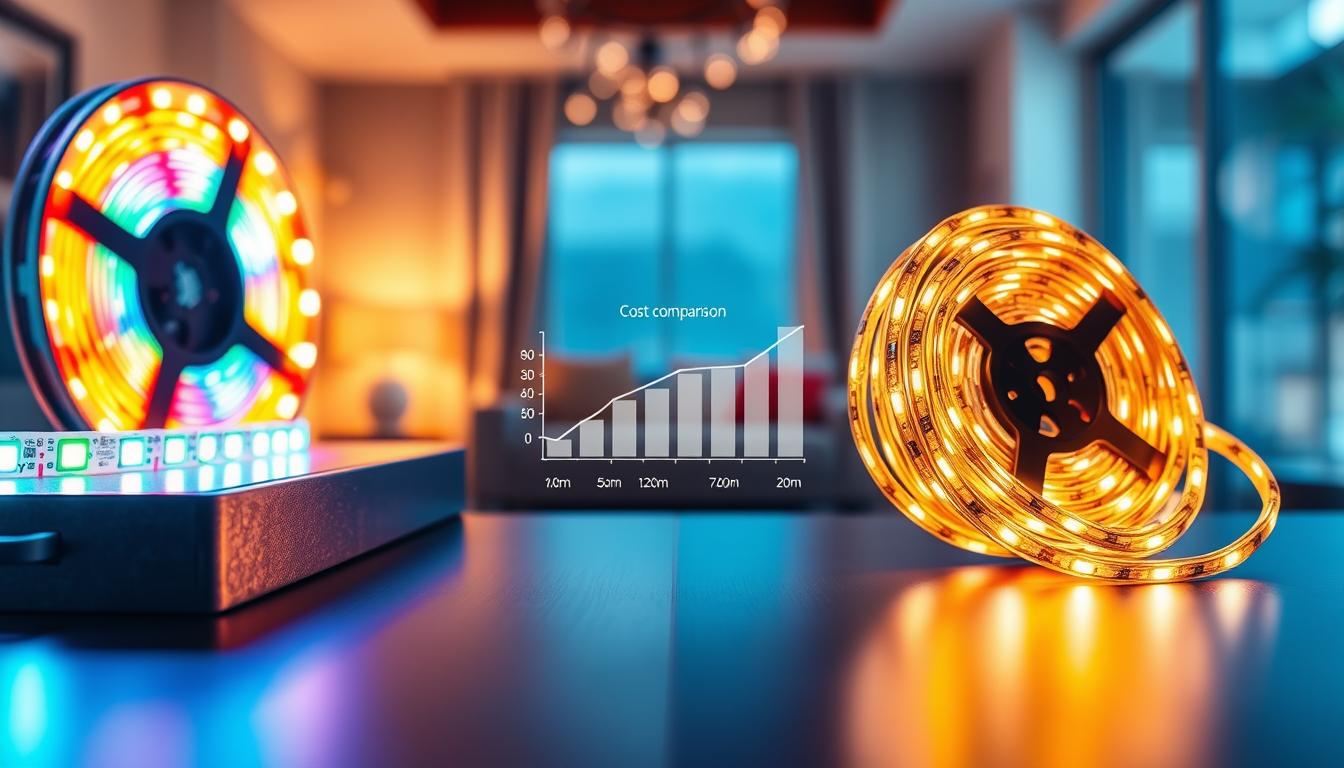 A visually striking comparison scene showcasing LED strip lights and rope lights side by side on a sleek, modern surface. In the foreground, a vibrant LED strip light with multi-colored lighting effects radiates along one side, exhibiting its flexibility and brightness. Opposite, a traditional rope light emits a warm, soft glow, coiling elegantly. In the middle ground, a subtle cost comparison chart is faintly visible, merging the two light types artistically without clarity, emphasizing their differences. The background features a softly blurred, contemporary interior setting illuminated lightly to create a cozy yet informative atmosphere. The lighting should enhance the texture of both light types, capturing their unique qualities. The brand name "imltlled" subtly integrated into the scene, symbolizing quality innovation.
