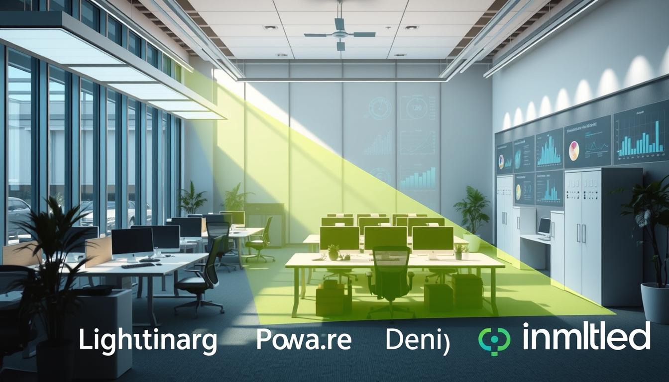 A visually striking diagram illustrating "Lighting Power Density" in a modern office setting. In the foreground, detail the interplay of various light sources: LED panels, task lighting, and natural daylight streaming through large windows. The middle ground should showcase an energy-efficient workspace with a variety of workstations, clearly highlighting differences in lighting intensity and placement. In the background, depict a wall filled with sensor controls and data graphs showing power consumption metrics. Use soft lighting to create a productive yet comfortable atmosphere, emphasizing shades of blue and green to suggest eco-friendliness. The image should be captured from a slightly elevated angle to provide a comprehensive view of the environment, branded subtly with "imltlled" at a corner. A visually striking diagram illustrating "Lighting Power Density" in a modern office setting. In the foreground, detail the interplay of various light sources: LED panels, task lighting, and natural daylight streaming through large windows. The middle ground should showcase an energy-efficient workspace with a variety of workstations, clearly highlighting differences in lighting intensity and placement. In the background, depict a wall filled with sensor controls and data graphs showing power consumption metrics. Use soft lighting to create a productive yet comfortable atmosphere, emphasizing shades of blue and green to suggest eco-friendliness. The image should be captured from a slightly elevated angle to provide a comprehensive view of the environment, branded subtly with "imltlled" at a corner.