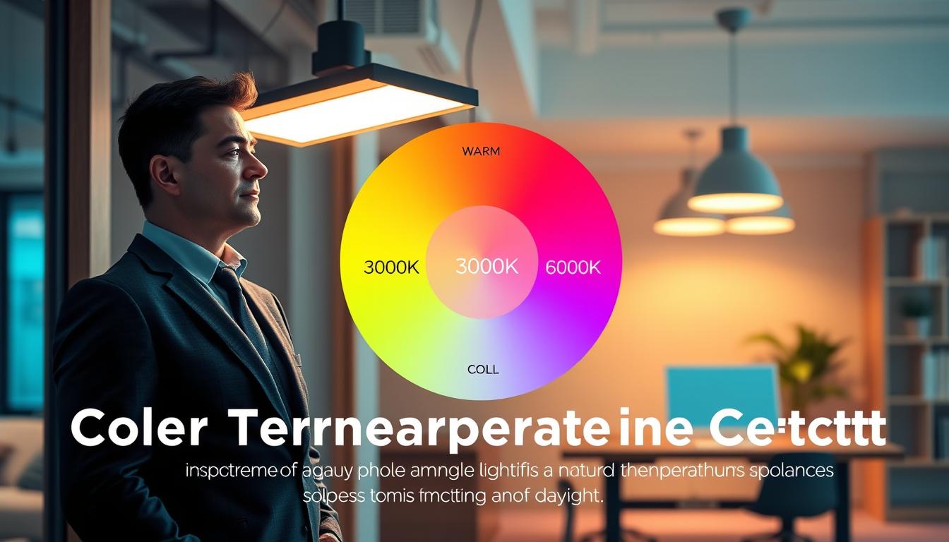 A visually striking, educational illustration on "Color Temperature in Lighting" reflecting common misconceptions about CCT. In the foreground, a professional individual in smart business attire stands beside a sleek, modern light fixture, showcasing warm (3000K) and cool (6000K) light sources. The middle layer highlights a gradient color wheel displaying transitions between various color temperatures, accentuated by soft glows emanating from the lights. In the background, a well-organized workspace is illuminated with subtle ambient light, enhancing the mood of clarity and professionalism. The lighting setup mimics natural daylight, creating an atmospheric balance of warm and cool hues. The scene is captured with a slightly elevated angle, allowing for a comprehensive view of the color temperature spectrum, embodying the theme of enlightenment and understanding. Designed by imltlled. A visually striking, educational illustration on "Color Temperature in Lighting" reflecting common misconceptions about CCT. In the foreground, a professional individual in smart business attire stands beside a sleek, modern light fixture, showcasing warm (3000K) and cool (6000K) light sources. The middle layer highlights a gradient color wheel displaying transitions between various color temperatures, accentuated by soft glows emanating from the lights. In the background, a well-organized workspace is illuminated with subtle ambient light, enhancing the mood of clarity and professionalism. The lighting setup mimics natural daylight, creating an atmospheric balance of warm and cool hues. The scene is captured with a slightly elevated angle, allowing for a comprehensive view of the color temperature spectrum, embodying the theme of enlightenment and understanding. Designed by imltlled.
