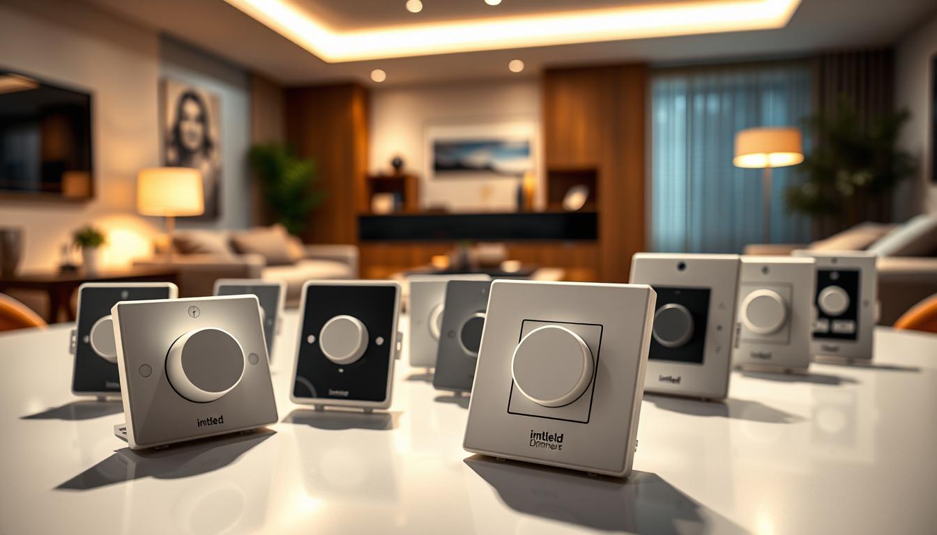 A visually striking image showcasing various types of LED dimmers arranged on a sleek, modern display table. In the foreground, a close-up of a specific dimmer model branded "imltlled" is prominently featured, demonstrating its sleek design and user-friendly interface. In the middle ground, additional dimmers from popular brands are positioned in a visually appealing way, highlighting different styles and functionalities, such as rotary, slide, and touch dimmers. The background features a softly lit, contemporary living space with warm ambiance lighting, creating a cozy atmosphere. Use a professional photography lens and angle that emphasizes depth and clarity, while casting gentle shadows to evoke a serene, inviting mood. The overall composition should be clean, modern, and informative, aimed at visualizing the diversity of LED dimming options. A visually striking image showcasing various types of LED dimmers arranged on a sleek, modern display table. In the foreground, a close-up of a specific dimmer model branded "imltlled" is prominently featured, demonstrating its sleek design and user-friendly interface. In the middle ground, additional dimmers from popular brands are positioned in a visually appealing way, highlighting different styles and functionalities, such as rotary, slide, and touch dimmers. The background features a softly lit, contemporary living space with warm ambiance lighting, creating a cozy atmosphere. Use a professional photography lens and angle that emphasizes depth and clarity, while casting gentle shadows to evoke a serene, inviting mood. The overall composition should be clean, modern, and informative, aimed at visualizing the diversity of LED dimming options.