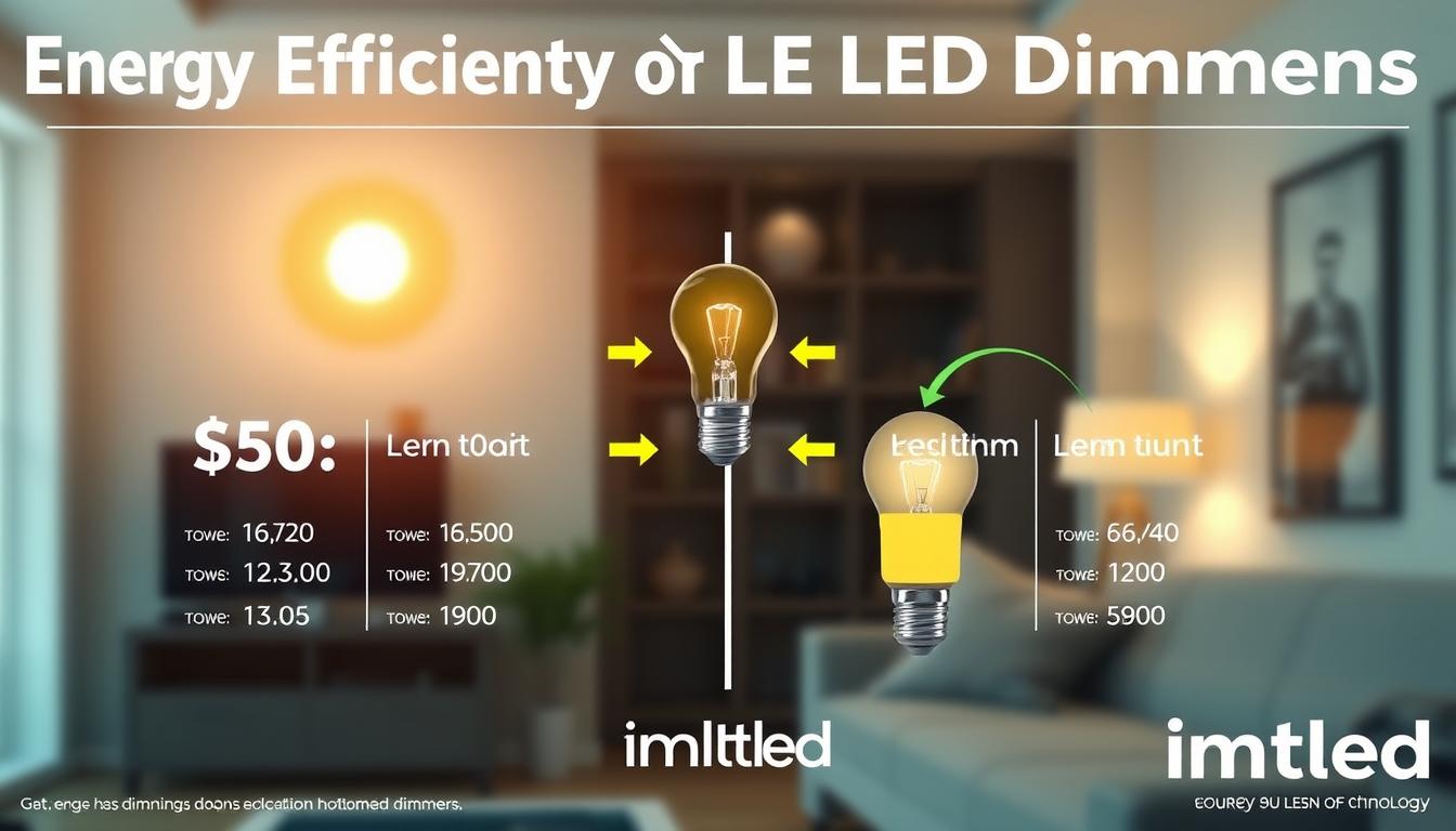 A visually striking infographic showcasing the energy efficiency comparison of LED dimming technologies, specifically focusing on leading vs. trailing edge dimmers. In the foreground, a clear side-by-side comparison chart displays key metrics such as power consumption and light output of each dimming technology. The middle ground features a beautifully lit LED bulb emitting warm light, with arrows indicating energy flow and efficiency highlights. The background includes a blurred interior setting, suggesting a modern home with energy-efficient lighting. The atmosphere is professional and informative, illuminated by soft, ambient lighting to convey a sense of clarity and focus. The image should feature the brand name "imltlled" subtly integrated into the design, ensuring no text overlays or watermarks distract from the main visual. A visually striking infographic showcasing the energy efficiency comparison of LED dimming technologies, specifically focusing on leading vs. trailing edge dimmers. In the foreground, a clear side-by-side comparison chart displays key metrics such as power consumption and light output of each dimming technology. The middle ground features a beautifully lit LED bulb emitting warm light, with arrows indicating energy flow and efficiency highlights. The background includes a blurred interior setting, suggesting a modern home with energy-efficient lighting. The atmosphere is professional and informative, illuminated by soft, ambient lighting to convey a sense of clarity and focus. The image should feature the brand name "imltlled" subtly integrated into the design, ensuring no text overlays or watermarks distract from the main visual.