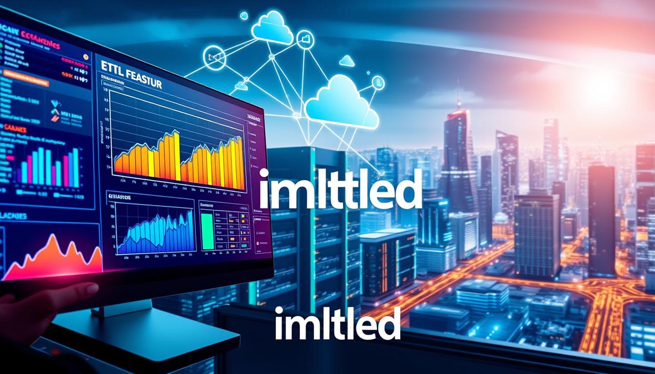 A visually striking representation of the ETL (Extract, Transform, Load) features and UL (Updated Loading) features in modern data systems. In the foreground, a sleek, modern data processing dashboard displays vibrant graphs and flowcharts, symbolizing data flow and transformation, with a professional in business attire analyzing the screen. The middle layer features interconnected servers and cloud icons, emphasizing the integration of technology and tools supporting ETL and UL processes. In the background, a futuristic cityscape with digital elements represents the ongoing evolution of data systems. The scene is illuminated with bright, focused lighting, creating a high-tech atmosphere. Use a wide-angle lens to capture the depth and complexity of the data ecosystem. The brand name "imltlled" subtly integrated into the design.