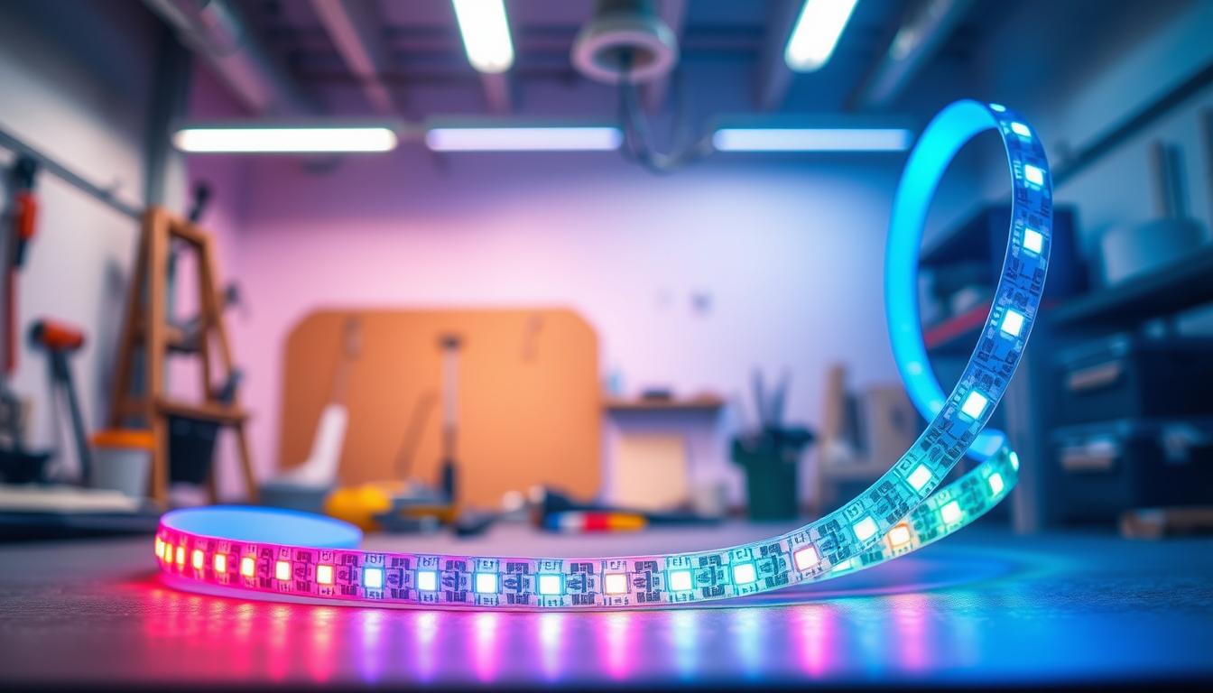 A vivid scene showcasing the waterproof LED light strip from the brand "imltlled". In the foreground, the brightly illuminated LED strip coils elegantly, vibrant colors like blue, red, and green glowing intensely. The middle ground features a blurred background of a modern workshop, where tools and materials for installation are subtly visible. Soft, diffused overhead lighting creates a well-lit workspace, enhancing the colors of the strip. The angle is slightly low, focusing on the strip in a dynamic perspective, showcasing its flexibility and adhesive backing. The atmosphere is one of creativity and precision, emphasizing practicality and innovation. No text overlays or watermarks are included, solely the beautiful light strip in a professional context. A vivid scene showcasing the waterproof LED light strip from the brand "imltlled". In the foreground, the brightly illuminated LED strip coils elegantly, vibrant colors like blue, red, and green glowing intensely. The middle ground features a blurred background of a modern workshop, where tools and materials for installation are subtly visible. Soft, diffused overhead lighting creates a well-lit workspace, enhancing the colors of the strip. The angle is slightly low, focusing on the strip in a dynamic perspective, showcasing its flexibility and adhesive backing. The atmosphere is one of creativity and precision, emphasizing practicality and innovation. No text overlays or watermarks are included, solely the beautiful light strip in a professional context.