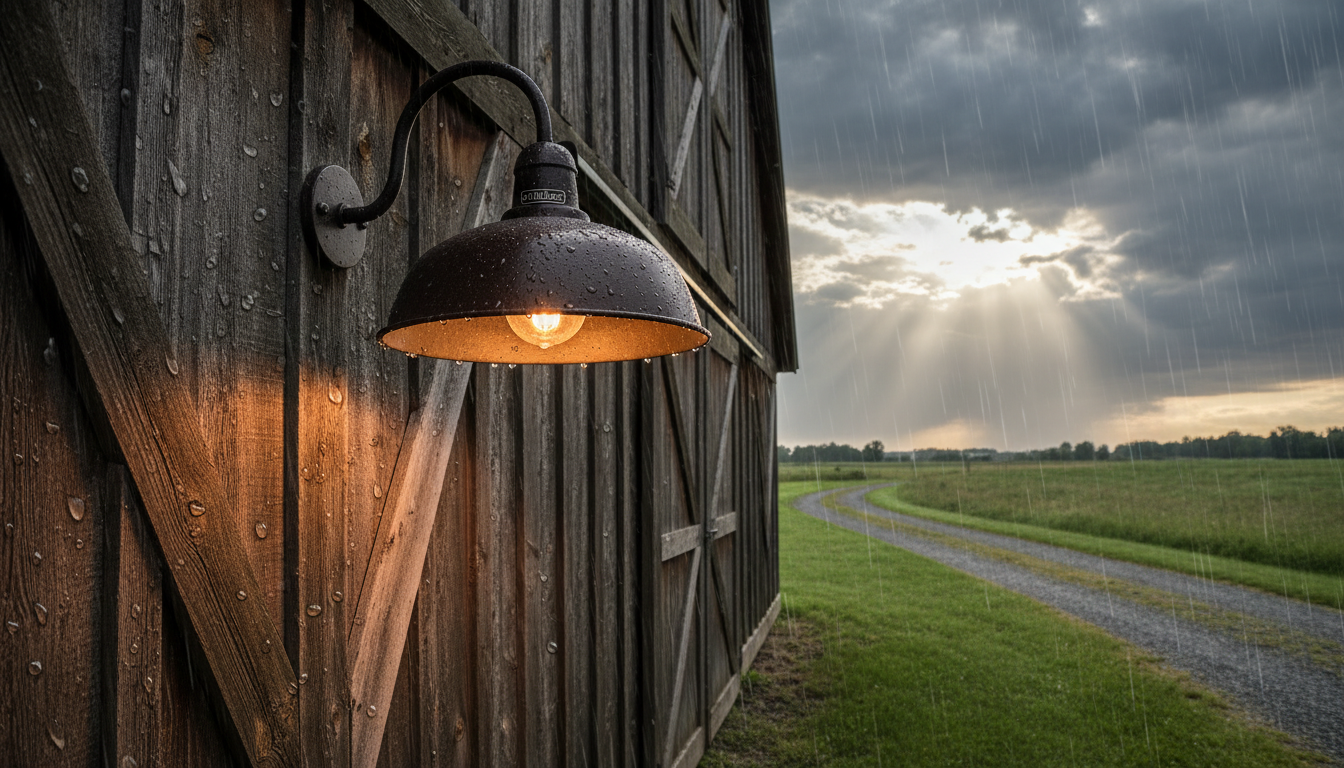 A weather-resistant outdoor barn light installed on a rustic barn, showcasing its durability against various weather conditions. In the foreground, the light is prominently displayed, illuminating the textured wooden surface of the barn, with water droplets glistening from recent rain, highlighting its resilience. The middle ground features lush green grass and a gravel path leading to the barn, enhancing the atmosphere of a serene outdoor space. The background is filled with a dramatic sky, showing dark clouds with hints of sunlight breaking through, creating a contrast that emphasizes the lighting. The scene is captured with a wide-angle lens, focusing on the barn light while maintaining just enough detail in the environment. The overall mood is inviting and tranquil, showcasing the practicality and aesthetic of weather-resistant lighting. Brand: imltlled.