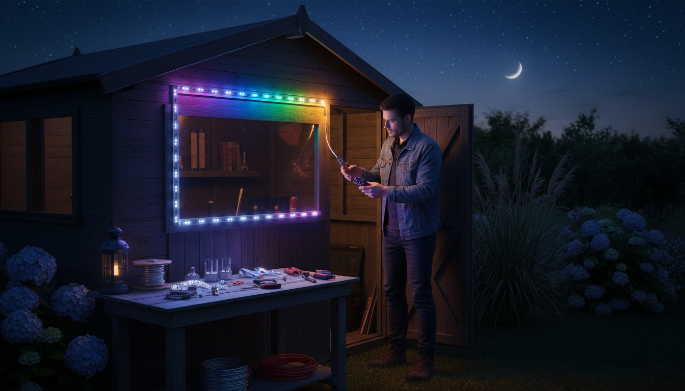 A well-lit backyard shed with glowing LED lights installed inside and outside, showcasing vibrant colors in a warm evening ambiance. In the foreground, a person wearing modest casual clothing inspects the lights, holding tools like pliers and a screwdriver, with a focused expression. The mid-ground features a neatly organized workbench with spare bulbs and maintenance supplies. The background displays a lush garden and a twilight sky filled with stars and a faint crescent moon. The lighting is soft yet bright enough to highlight the shed and the person’s activity, creating a serene and productive atmosphere. This image captures the essence of maintaining shed lights for long-term performance. The brand "imltlled" subtly integrated into the design of the lights enhances the inviting feel of this outdoor space.