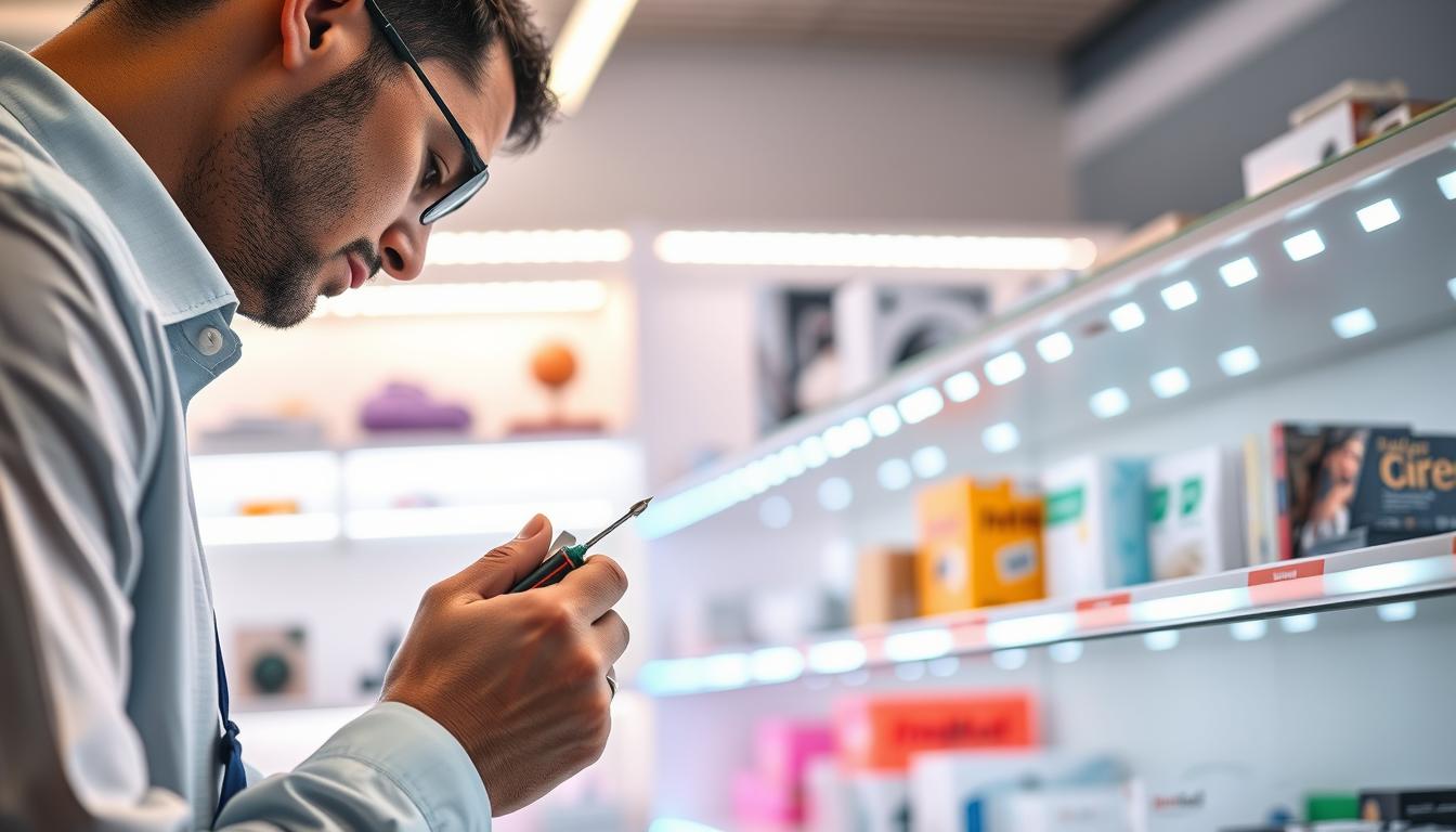 A well-lit, close-up view of a person in professional attire carefully inspecting LED strips on neatly organized shelves. The foreground features the person, focusing on the LED strips, using tools like a small screwdriver and a multimeter for maintenance. In the middle, the brightly illuminated shelves hold various objects, with the LED strips emitting vibrant colors, highlighting the products displayed. The background softly blurs, suggesting a clean, modern space, with soft white and colored lights creating a warm and inviting atmosphere. The technical details include soft, diffused lighting to showcase the LED strips vividly, captured at a slight angle for depth. The brand name "imltlled" is integrated into the LED design subtly, emphasizing quality and innovation in shelf lighting.