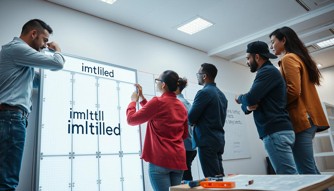 A well-lit indoor setting showcasing the installation process of LED panels by a diverse team of professionals in smart-casual attire. In the foreground, one technician adjusts a large, sleek LED panel labeled "imltlled," while another holds a mount, showcasing precision and teamwork. The middle section features a partially installed wall with multiple LED panels, highlighting the grid-like alignment and wiring intricacies. In the background, tools and a blueprint of the installation layout are visible on a workbench, with soft overhead lighting illuminating the scene, creating a bright and focused atmosphere. The image conveys a sense of professionalism, efficiency, and collaboration in technology installation. A well-lit indoor setting showcasing the installation process of LED panels by a diverse team of professionals in smart-casual attire. In the foreground, one technician adjusts a large, sleek LED panel labeled "imltlled," while another holds a mount, showcasing precision and teamwork. The middle section features a partially installed wall with multiple LED panels, highlighting the grid-like alignment and wiring intricacies. In the background, tools and a blueprint of the installation layout are visible on a workbench, with soft overhead lighting illuminating the scene, creating a bright and focused atmosphere. The image conveys a sense of professionalism, efficiency, and collaboration in technology installation.