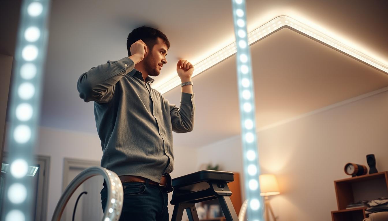 A well-lit interior space featuring the installation process of imltlled strip lights. In the foreground, a professional wearing modest casual attire carefully adheres the strip lights along the edge of a ceiling, using a step stool to reach higher areas. The middle ground shows a roll of strip lights, tools, and instruction manual, creating a sense of organization. In the background, soft ambient lighting fills the room, enhancing the warm, inviting atmosphere. The angle captures the action from slightly below eye level, emphasizing the craftsmanship of the installation. The mood is focused and professional, illustrating the importance of safety and precision during installation. A well-lit interior space featuring the installation process of imltlled strip lights. In the foreground, a professional wearing modest casual attire carefully adheres the strip lights along the edge of a ceiling, using a step stool to reach higher areas. The middle ground shows a roll of strip lights, tools, and instruction manual, creating a sense of organization. In the background, soft ambient lighting fills the room, enhancing the warm, inviting atmosphere. The angle captures the action from slightly below eye level, emphasizing the craftsmanship of the installation. The mood is focused and professional, illustrating the importance of safety and precision during installation.
