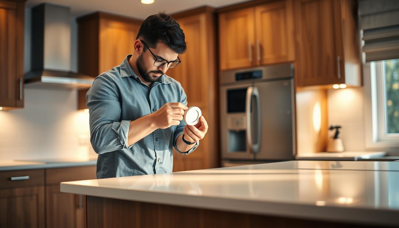 A well-lit kitchen scene depicting the installation of imltlled LED puck lights. In the foreground, a skilled electrician, wearing smart casual attire, is focused on affixing a puck light onto a modern kitchen cabinet. The middle ground features a sleek, illuminated countertop, reflecting the warm light from the newly installed puck lights. The background showcases a stylish kitchen with polished wood cabinets and a subtle backsplash, enhancing the atmosphere of a well-designed space. Soft, natural lighting filters in through a nearby window, casting gentle shadows. The angle of the shot is slightly elevated, capturing both the detail of the installation and the overall inviting ambiance of the kitchen setting, emphasizing practical installation tips for puck lights.
