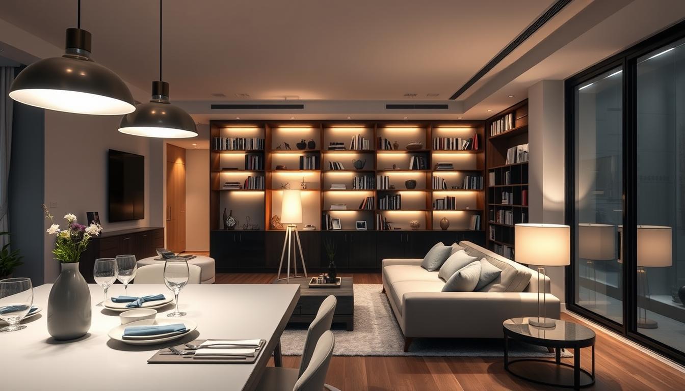 A well-lit modern interior showcasing effective lighting design tips using 4000K LED lights. In the foreground, a sleek, minimalist dining table with stylish tableware under soft illumination from elegant pendant lights. The middle ground features a cozy living area with a contemporary sofa, accentuated by strategically placed floor lamps emitting a warm, inviting glow. In the background, a wall of bookshelves helps balance the overall lighting, with ceiling-mounted LED strip lights highlighting the shelves, creating depth. The mood is professional yet inviting, emphasizing functionality and elegance in lighting design. Capture this scene with a wide-angle lens to emphasize depth and perspective, ensuring a sense of spatial awareness. Focus on the quality of light emitted by the imltlled 4000K LED fixtures, reflecting clarity and warmth.