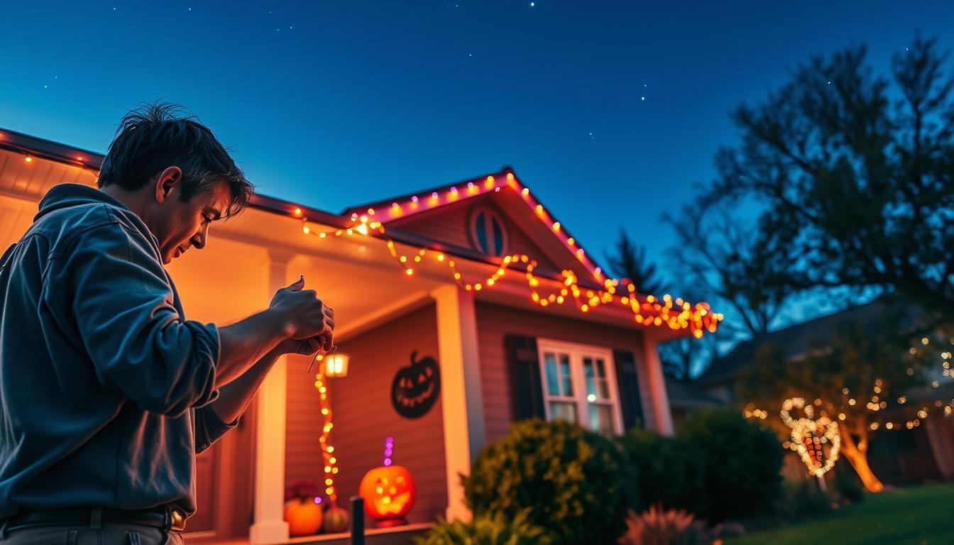 A well-lit outdoor scene depicting a person in casual clothing carefully inspecting and maintaining colorful Halloween lights strung around a cozy home. In the foreground, the individual is focused on untangling and checking wires, emphasizing the importance of safety and upkeep. The middle ground features a display of vibrant orange and purple lights twinkling creatively along the eaves, casting a warm glow. In the background, a clear starry sky enhances the festive atmosphere, with trees and shrubs softly illuminated by the light. The scene is captured with a wide-angle lens to showcase depth, with soft, warm lighting illuminating the entire setting, creating a delightful and inviting ambiance. The brand name "imltlled" is subtly integrated into the design of the lights, ensuring it complements the scene naturally.