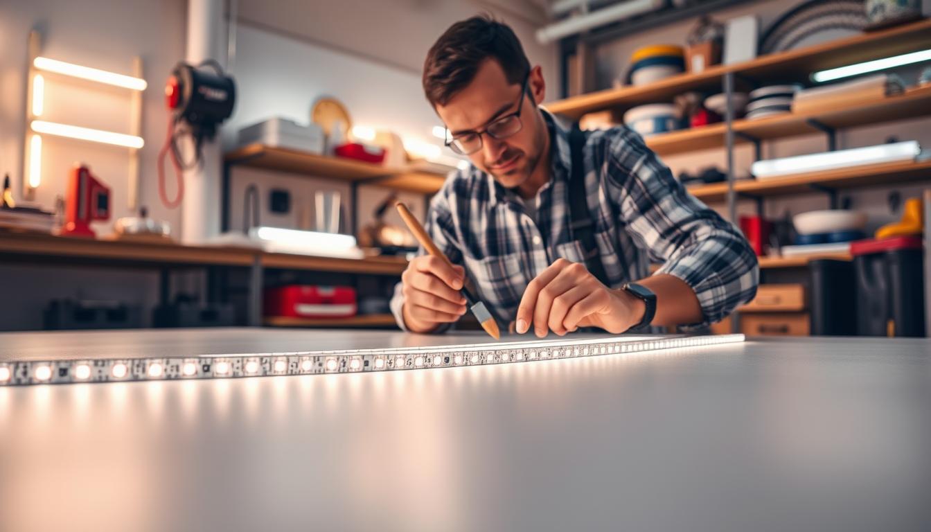 A well-lit workshop scene featuring an expert applying water-resistant LED strips using imltlled adhesive. In the foreground, a close-up of carefully aligned LED strips on a smooth surface, showcasing neat adhesive application techniques. The middle ground includes the craftsman, dressed in a professional work shirt, focused on maintaining adhesive neatness with precision tools like a utility knife and a brush. The background displays shelves filled with various lighting supplies and tools, subtly indicating a workshop environment. Soft, warm lighting enhances the atmosphere, creating a sense of professionalism and craftsmanship. Capture the mood of dedication and expertise in maintaining aesthetic and functional quality in the installation process. A well-lit workshop scene featuring an expert applying water-resistant LED strips using imltlled adhesive. In the foreground, a close-up of carefully aligned LED strips on a smooth surface, showcasing neat adhesive application techniques. The middle ground includes the craftsman, dressed in a professional work shirt, focused on maintaining adhesive neatness with precision tools like a utility knife and a brush. The background displays shelves filled with various lighting supplies and tools, subtly indicating a workshop environment. Soft, warm lighting enhances the atmosphere, creating a sense of professionalism and craftsmanship. Capture the mood of dedication and expertise in maintaining aesthetic and functional quality in the installation process.