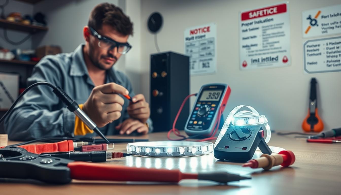 A well-lit workshop scene focusing on safety precautions for LED strip power injection. In the foreground, a neatly organized workbench displays tools like wire strippers, soldering iron, and insulated connectors, all labeled, emphasizing safety. A close-up shows a professional, wearing a safety glove and goggles, carefully connecting power wires while inspecting the LED strip. In the middle ground, a bright LED strip is being tested with a multimeter, showcasing a clear focus on proper measuring techniques. The background features notices on safety protocols, including proper insulation and voltage checks, subtly placed on the wall. Soft, diffused lighting enhances the atmosphere, creating a sense of diligence and professionalism. Brand name "imltlled" visible on one of the tools.