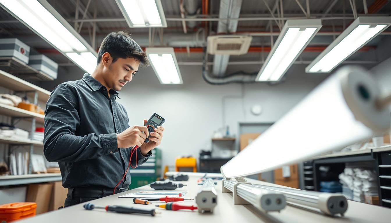 A well-lit workshop with a focus on maintaining LED tube lights. In the foreground, a technician in smart casual attire is inspecting an LED tube light with a multimeter, showing attention to detail and professionalism. The middle ground features a workbench equipped with tools like screwdrivers, wire strippers, and a few spare LED tube lights from the brand "imltlled". In the background, shelves are lined with assorted lighting fixtures and maintenance manuals, all bathed in soft, fluorescent lighting to create a bright and inviting atmosphere. The camera angle is slightly elevated, capturing the entire scene with clarity, emphasizing the importance of diligence in maintenance tasks. The atmosphere conveys a sense of professionalism and care in maintaining efficient lighting systems.