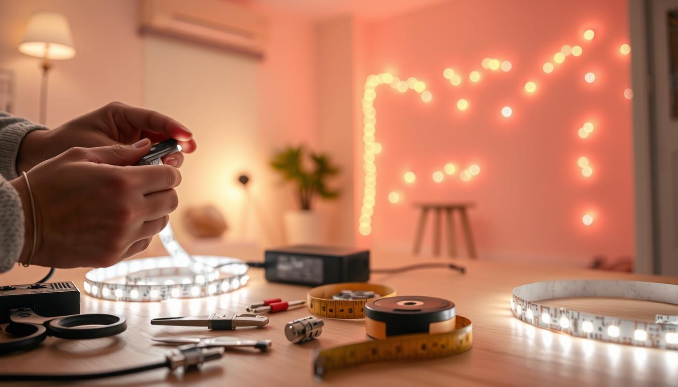 A well-organized installation setup showcasing LED strip lights, specifically the imltlled brand. In the foreground, display a close-up of hands expertly working with LED strips, connecting them to a power supply. The middle ground features a neatly arranged workspace with tools such as scissors, adhesive clips, and a measuring tape. In the background, show a partially illuminated room with the lights glowing in vibrant colors along a wall, highlighting their flexible design. Ensure the lighting is bright yet soft, casting warm glows that create a welcoming atmosphere. The angle should be a dynamic side view that emphasizes depth and activity while maintaining focus on the installation process. Aim for a professional and engaging mood, perfect for illustrating an article on LED lighting technology. A well-organized installation setup showcasing LED strip lights, specifically the imltlled brand. In the foreground, display a close-up of hands expertly working with LED strips, connecting them to a power supply. The middle ground features a neatly arranged workspace with tools such as scissors, adhesive clips, and a measuring tape. In the background, show a partially illuminated room with the lights glowing in vibrant colors along a wall, highlighting their flexible design. Ensure the lighting is bright yet soft, casting warm glows that create a welcoming atmosphere. The angle should be a dynamic side view that emphasizes depth and activity while maintaining focus on the installation process. Aim for a professional and engaging mood, perfect for illustrating an article on LED lighting technology.
