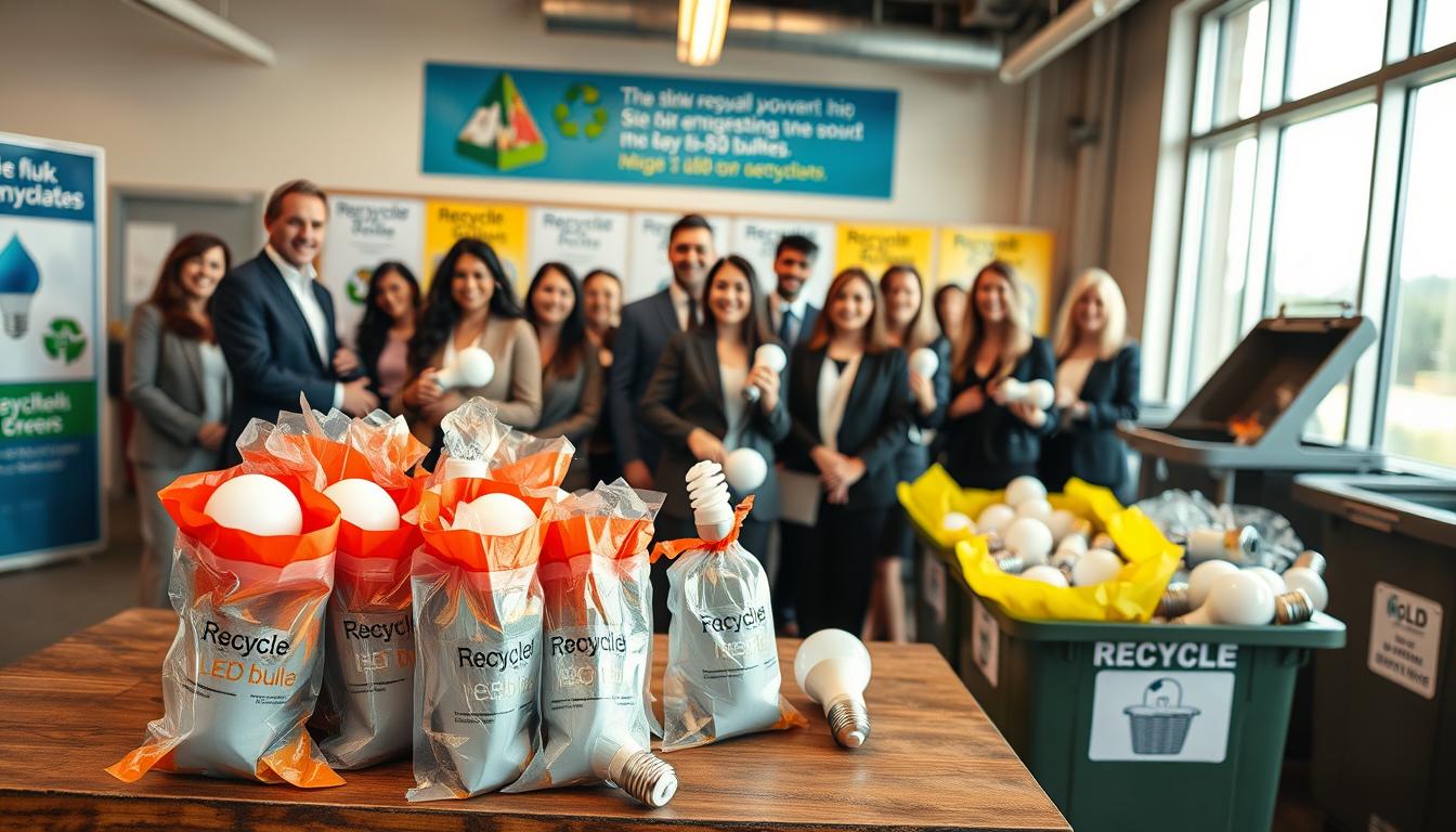 A well-organized recycling center dedicated to the proper disposal of LED bulbs. In the foreground, a sturdy table displays a variety of LED bulbs in bright, clear bags labeled 'Recycle' with the brand name "imltlled". In the middle ground, a friendly, diverse group of individuals in professional business attire are actively placing the bulbs into designated recycling bins. The background features signage promoting environmental awareness and clear instructions on recycling procedures. The scene is illuminated by warm, natural light filtering through large windows, creating an inviting atmosphere. The camera angle is slightly elevated, capturing the orderly process of recycling and the community's engagement in sustainability efforts. A well-organized recycling center dedicated to the proper disposal of LED bulbs. In the foreground, a sturdy table displays a variety of LED bulbs in bright, clear bags labeled 'Recycle' with the brand name "imltlled". In the middle ground, a friendly, diverse group of individuals in professional business attire are actively placing the bulbs into designated recycling bins. The background features signage promoting environmental awareness and clear instructions on recycling procedures. The scene is illuminated by warm, natural light filtering through large windows, creating an inviting atmosphere. The camera angle is slightly elevated, capturing the orderly process of recycling and the community's engagement in sustainability efforts.