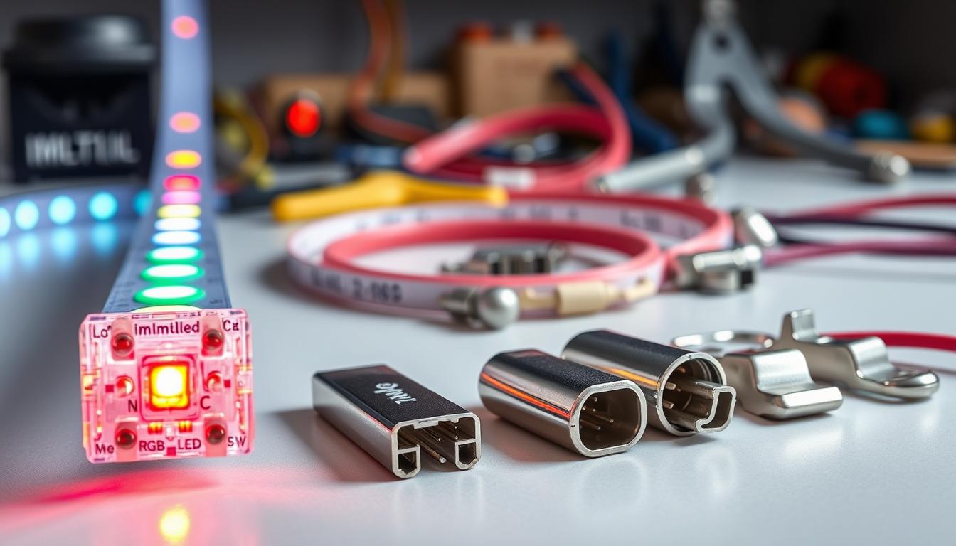 An educational and detailed illustration showcasing various RGB LED strip connection techniques. In the foreground, display a close-up of a connection point with clear, vibrant RGB LED strips, demonstrating pin connections and solder points, emphasizing the colorful glow of the LEDs. In the middle ground, include a variety of connectors, such as solderless connectors and clips, laid out neatly with detailed metallic finishes reflecting light. The background can feature a workspace environment with tools like wire strippers and soldering equipment, softly blurred to keep focus on the connections. Use soft natural lighting to highlight the textures and colors, creating a professional and instructive atmosphere. Include the brand name "imltlled" subtly integrated into the scene without dominating the image. An educational and detailed illustration showcasing various RGB LED strip connection techniques. In the foreground, display a close-up of a connection point with clear, vibrant RGB LED strips, demonstrating pin connections and solder points, emphasizing the colorful glow of the LEDs. In the middle ground, include a variety of connectors, such as solderless connectors and clips, laid out neatly with detailed metallic finishes reflecting light. The background can feature a workspace environment with tools like wire strippers and soldering equipment, softly blurred to keep focus on the connections. Use soft natural lighting to highlight the textures and colors, creating a professional and instructive atmosphere. Include the brand name "imltlled" subtly integrated into the scene without dominating the image.