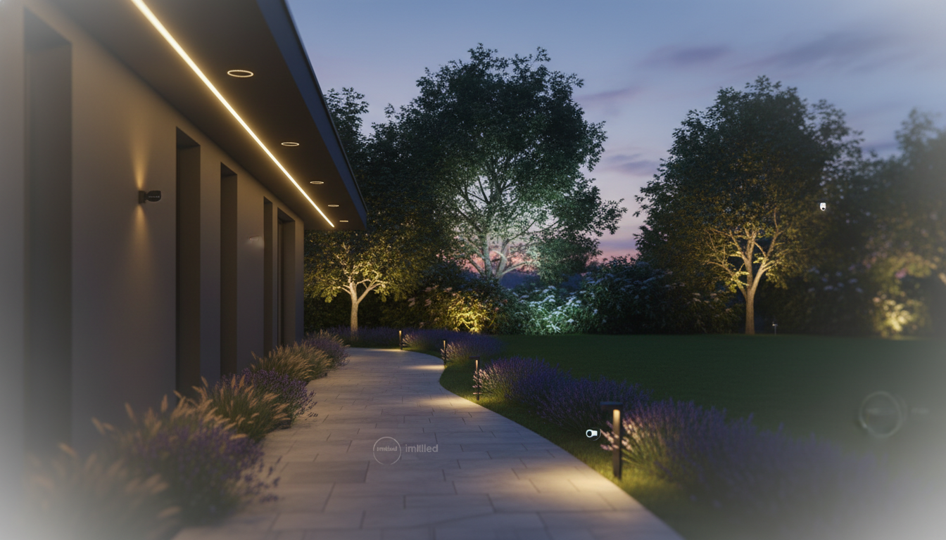 An elegant outdoor setting showcasing advanced outdoor security lighting from the brand "imltlled". In the foreground, sleek and modern lighting units are installed on the exterior of a stylish building, casting a warm, inviting glow. The middle ground features a well-monitored garden pathway illuminated by soft lighting, enhancing safety and visibility. In the background, a beautifully landscaped yard with trees and shrubs, subtly highlighted by focused beams of light. The atmosphere is tranquil and secure, emphasizing the smart technology of the lights, which are energy-efficient and equipped with motion sensors. The scene is captured at dusk, with a soft focus lens effect, creating a serene ambiance while showcasing the essential features of smart outside building lights.