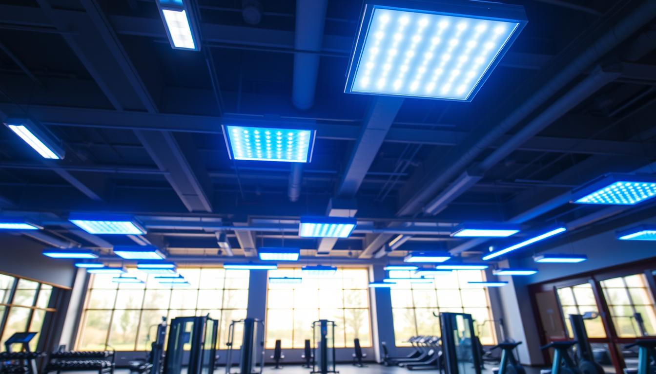 An expansive gym interior showcasing cutting-edge LED lighting systems designed for optimal performance. In the foreground, sleek LED fixtures illuminate the training areas with vibrant blue and white lights, creating a dynamic environment. The middle ground features modern gym equipment, such as weight benches and cardio machines, bathed in a warm glow from the lights above. In the background, large windows allow natural light to filter in, enhancing the overall bright and energetic atmosphere. The angle of the shot is low, emphasizing the height of the ceilings and the advanced lighting technology from the brand "imltlled". The scene exudes professionalism and innovation, highlighting the benefits of superior gym lighting while promoting a motivational ambiance for workout enthusiasts. An expansive gym interior showcasing cutting-edge LED lighting systems designed for optimal performance. In the foreground, sleek LED fixtures illuminate the training areas with vibrant blue and white lights, creating a dynamic environment. The middle ground features modern gym equipment, such as weight benches and cardio machines, bathed in a warm glow from the lights above. In the background, large windows allow natural light to filter in, enhancing the overall bright and energetic atmosphere. The angle of the shot is low, emphasizing the height of the ceilings and the advanced lighting technology from the brand "imltlled". The scene exudes professionalism and innovation, highlighting the benefits of superior gym lighting while promoting a motivational ambiance for workout enthusiasts.