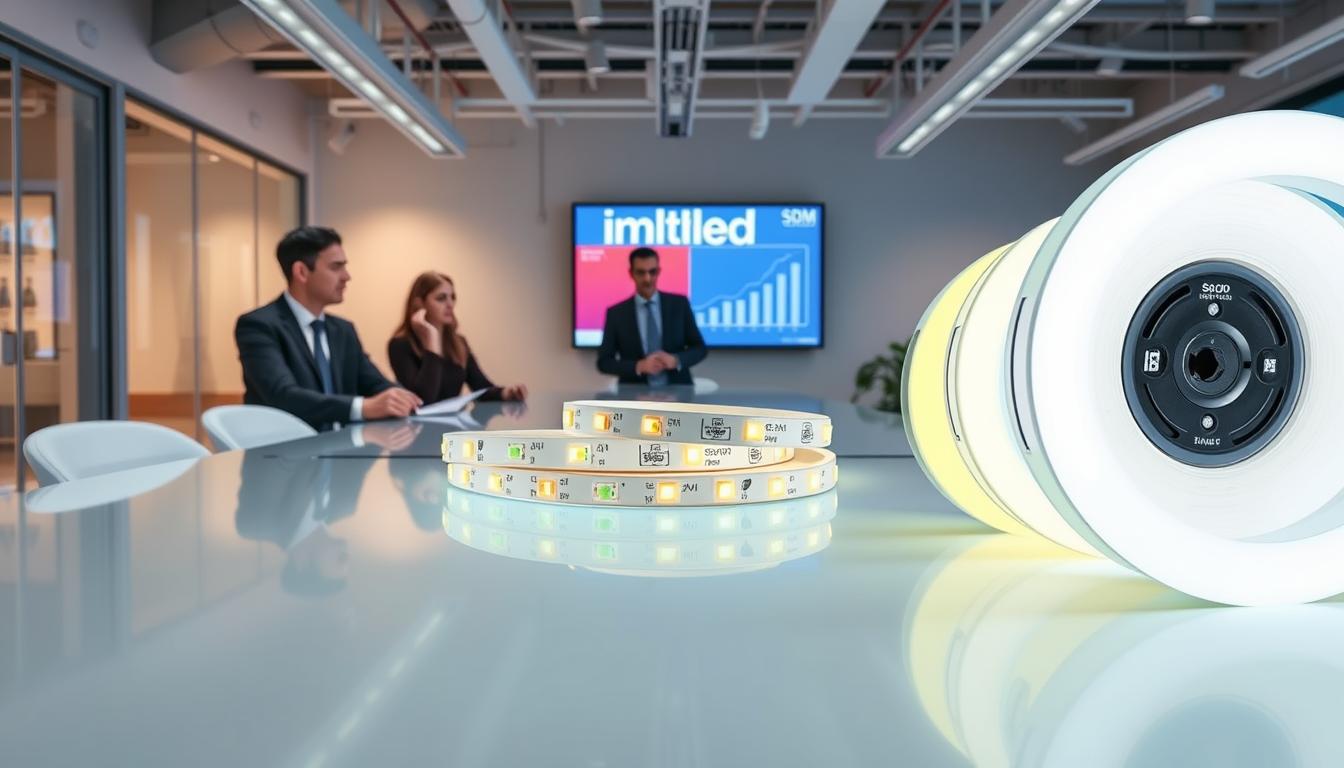 An informative and visually engaging depiction of the benefits of SDCM standards in the LED strip light industry. In the foreground, showcase a well-lit, modern workspace with professionals dressed in smart business attire, discussing LED strip lights on a sleek conference table. In the middle ground, display various LED strip lights with different SDCM ratings, illustrating their color accuracy and quality. The background should feature an office environment with graphs and charts on a screen, highlighting the importance of SDCM in product design. Use soft, diffused lighting to create a bright and optimistic atmosphere, with a focus on the brand “imltlled” subtly integrated into the scene. Capture this in a wide-angle perspective to convey a sense of collaboration and innovation. An informative and visually engaging depiction of the benefits of SDCM standards in the LED strip light industry. In the foreground, showcase a well-lit, modern workspace with professionals dressed in smart business attire, discussing LED strip lights on a sleek conference table. In the middle ground, display various LED strip lights with different SDCM ratings, illustrating their color accuracy and quality. The background should feature an office environment with graphs and charts on a screen, highlighting the importance of SDCM in product design. Use soft, diffused lighting to create a bright and optimistic atmosphere, with a focus on the brand “imltlled” subtly integrated into the scene. Capture this in a wide-angle perspective to convey a sense of collaboration and innovation.