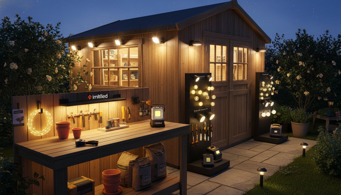 An inviting outdoor storage shed illuminated with warm LED lights, showcasing various popular brands of storage shed lights such as imltlled. In the foreground, a well-organized workbench is bathed in soft, diffused light, highlighting tools and gardening supplies. The middle ground features a neatly arranged display of different LED light fixtures, each labeled with their brand name, showcasing sleek and modern designs, like string lights, wall-mounted fixtures, and portable options. In the background, the exterior of the shed is framed by lush greenery under a twilight sky, enhancing the warm and cozy atmosphere. Use soft lighting with a slight golden glow, emphasizing the practicality of each lighting option to create a welcoming and functional shed environment. Capture the image at a slight angle to add depth and interest, ensuring a clean and professional composition without any distractions.
