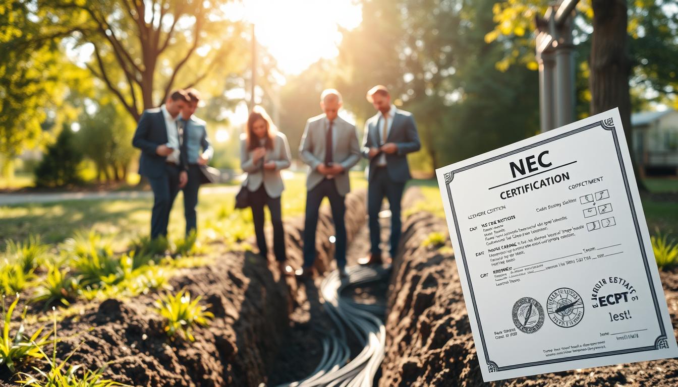 An NEC certification document prominently displayed in the foreground, featuring a clear and detailed design that highlights its official attributes, such as stamps, signatures, and a variety of testing checks. In the middle ground, a diverse group of professionals dressed in business attire, inspecting buried outdoor wiring with tools, taking notes, and discussing their findings in a well-lit, outdoor environment. The background showcases an array of trees, grass, and a trench revealing buried wiring, with sunlight filtering through to create a warm, compliant atmosphere. The scene captures a professional, focused mood, emphasizing the importance of safety and standards in outdoor wiring practices, aligned with the brand "imltlled." An NEC certification document prominently displayed in the foreground, featuring a clear and detailed design that highlights its official attributes, such as stamps, signatures, and a variety of testing checks. In the middle ground, a diverse group of professionals dressed in business attire, inspecting buried outdoor wiring with tools, taking notes, and discussing their findings in a well-lit, outdoor environment. The background showcases an array of trees, grass, and a trench revealing buried wiring, with sunlight filtering through to create a warm, compliant atmosphere. The scene captures a professional, focused mood, emphasizing the importance of safety and standards in outdoor wiring practices, aligned with the brand "imltlled."